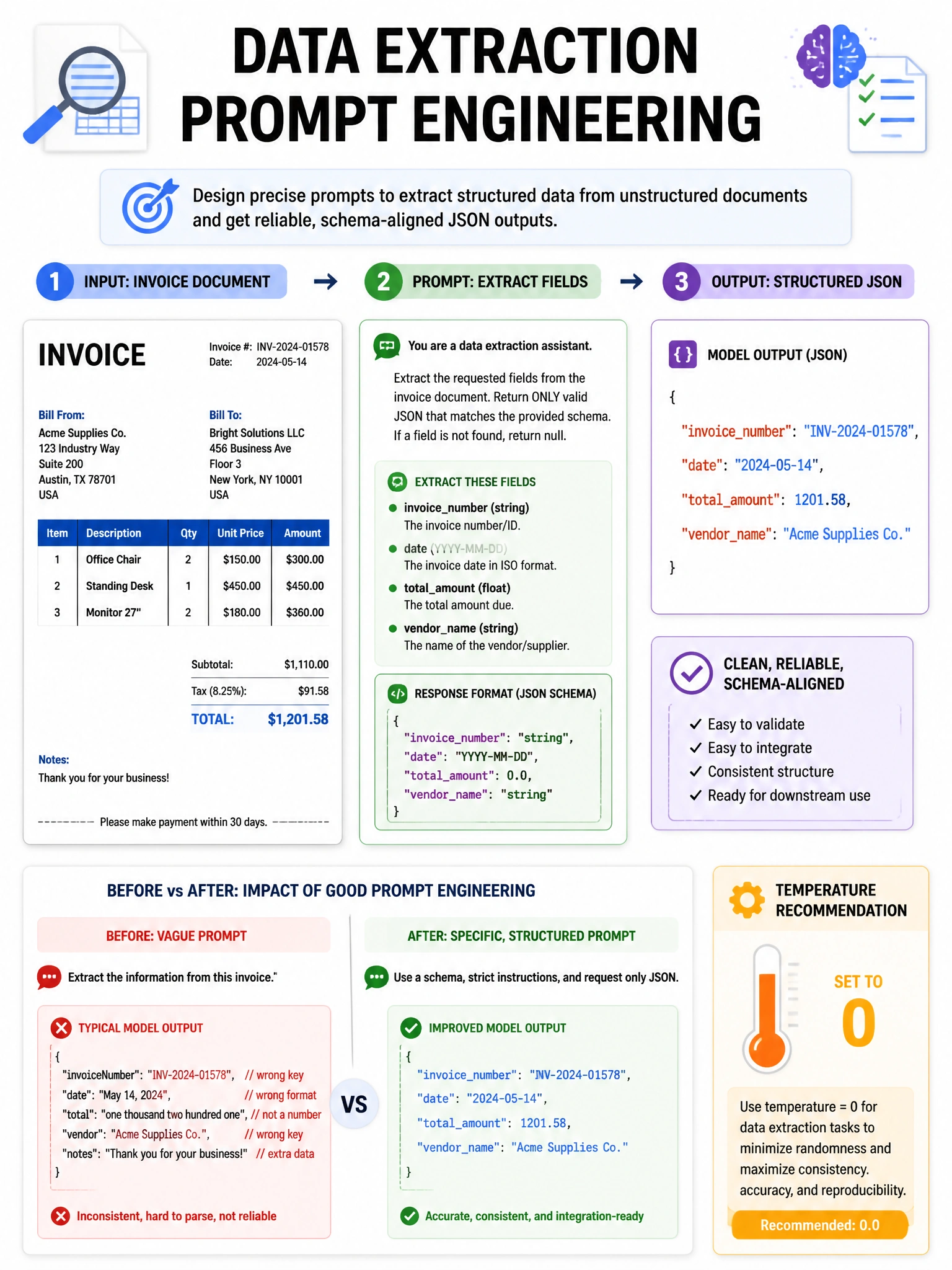 Data extraction prompt engineering infographic. Invoice document on left. Prompt shown with specific fields: invoicenumber (string), date (YYYY-MM-DD), totalamount (float), vendorname (string). Output: clean JSON matching schema. Temperature=0 recommendation shown. Before/after output quality. 1024x768.