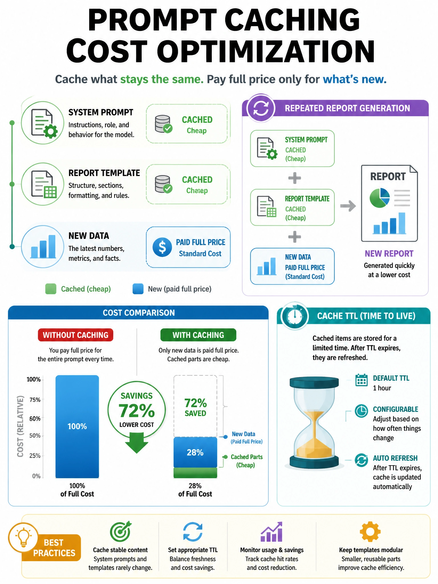 Prompt caching cost optimization infographic. Repeated report generation: System prompt (CACHED, green, cheap) + Report template (CACHED, green, cheap) + New data (paid full price, blue). Cost comparison chart: without caching vs with caching showing savings percentage. Cache TTL shown. 1024x768.