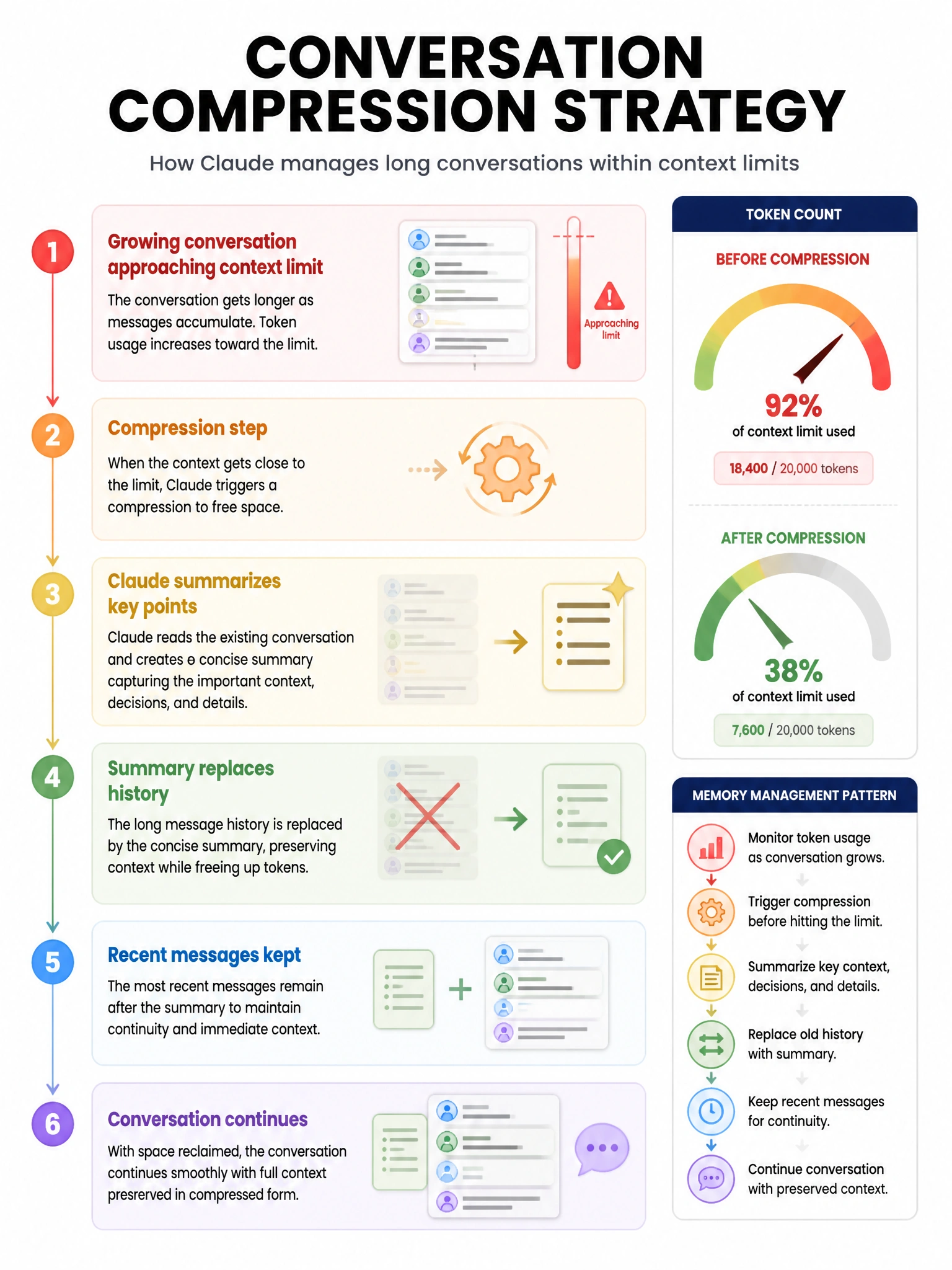 Conversation compression strategy infographic. Growing conversation timeline approaching context limit → compression step → Claude summarizes key points → summary replaces history → recent messages kept → conversation continues. Token count gauge showing before/after compression. Memory management pattern. 1024x768.