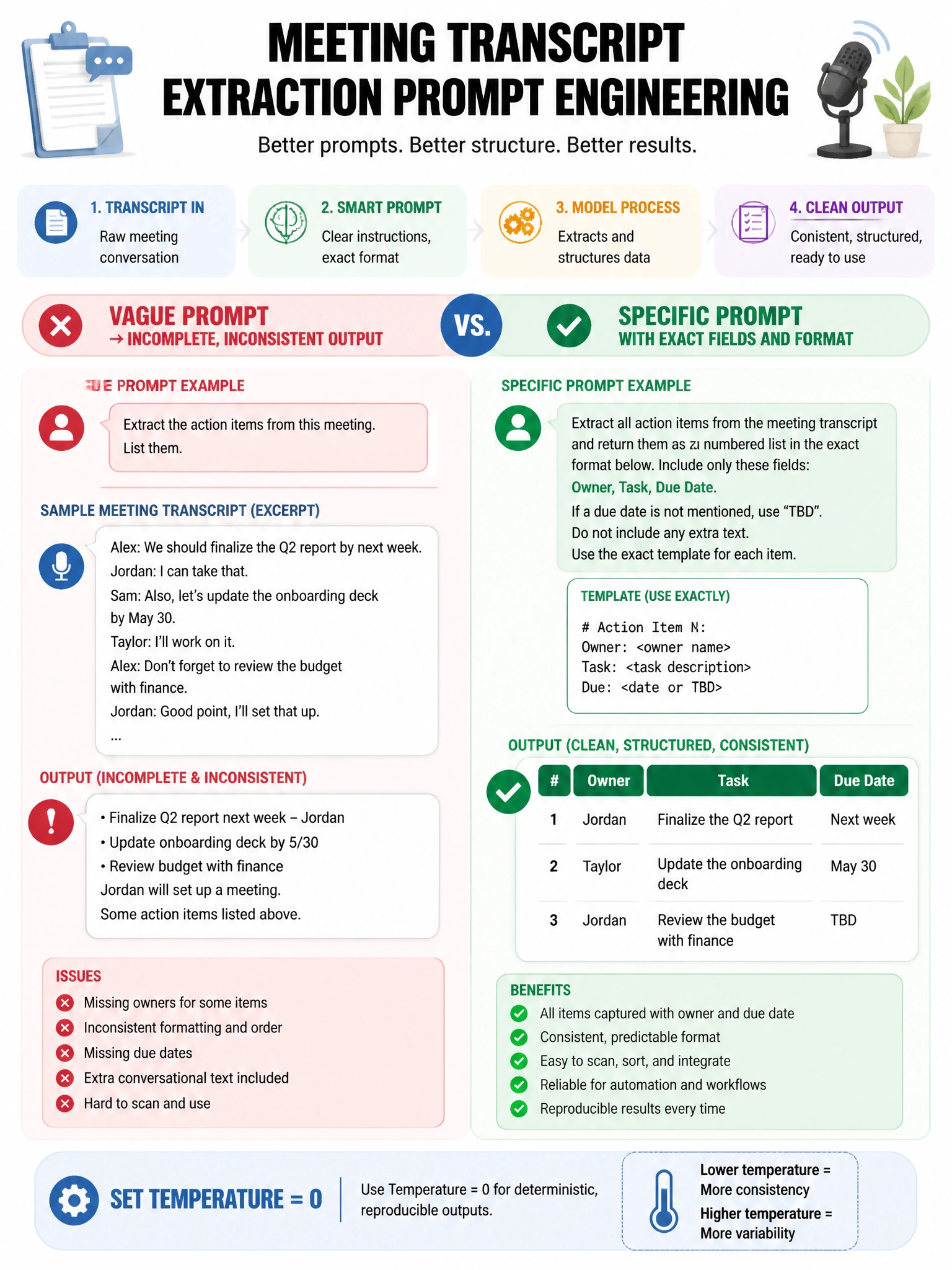 Meeting transcript extraction prompt engineering infographic. Vague prompt → incomplete inconsistent output. Specific prompt with exact fields and format → clean numbered list with owner, task, date columns. Side-by-side output comparison. Template shown: '# Action Item N: Owner: Task: Due:'. Temperature=0 note. 1024x768.