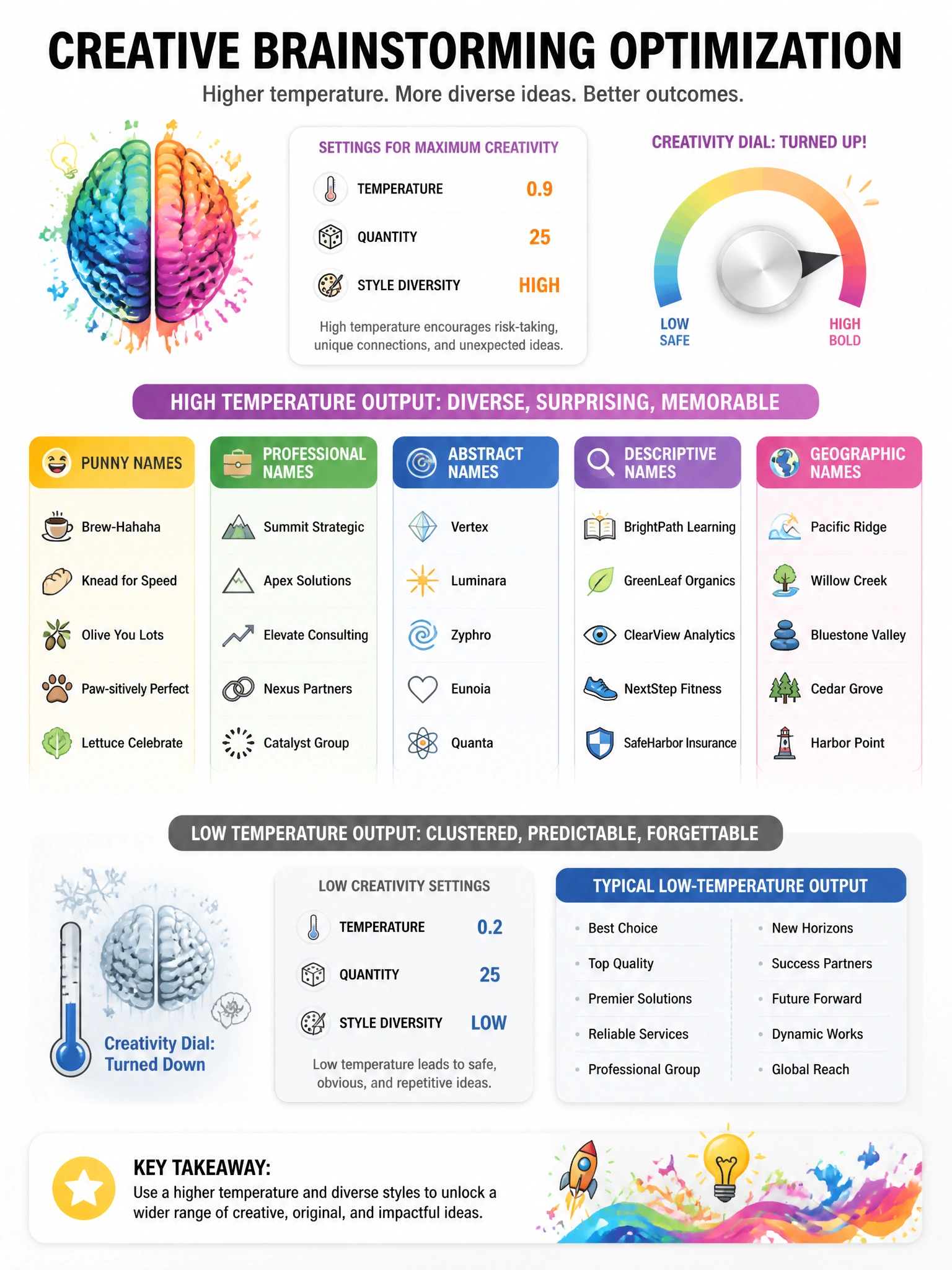 Creative brainstorming optimization infographic. Settings: temperature=0.9, quantity=25, style diversity instructions shown. Output: diverse name categories (punny, professional, abstract, descriptive, geographic). Contrast with low-temperature clustered boring output. Creativity dial turned up visual. 1024x768.