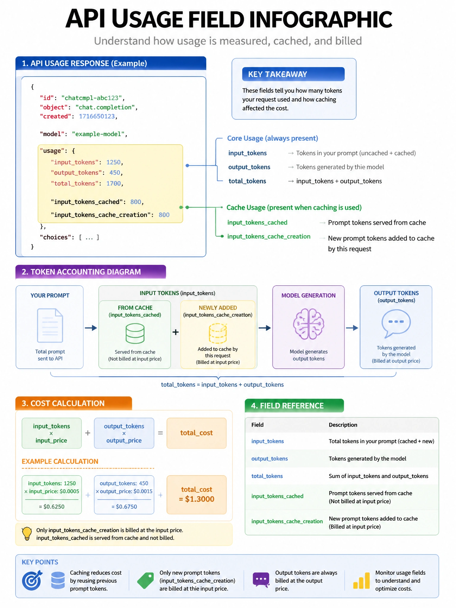 API usage field infographic. Response JSON with usage object highlighted: inputtokens: 1250, outputtokens: 450. Cost calculation shown: inputtokens × inputprice + outputtokens × outputprice = total cost. Also shows cache fields when caching is used. Token accounting diagram. 1024x768.