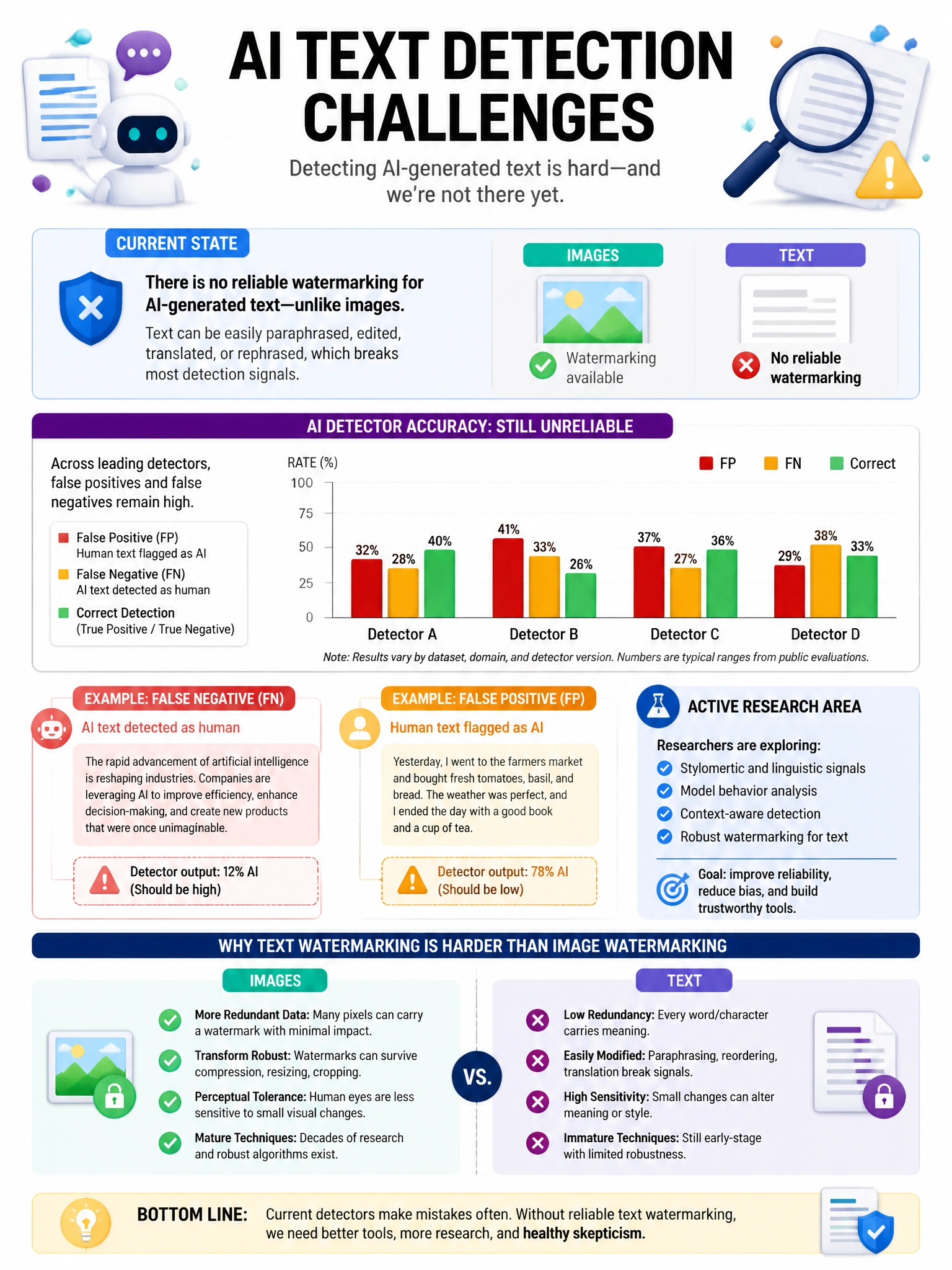 AI text detection challenges infographic. Current state: no reliable watermarking in text (unlike images). AI detector accuracy chart showing high false positive and false negative rates. Examples: AI text detected as human (FN), human text flagged as AI (FP). Research area note. Why text watermarking is harder than image watermarking comparison. 1024x768.