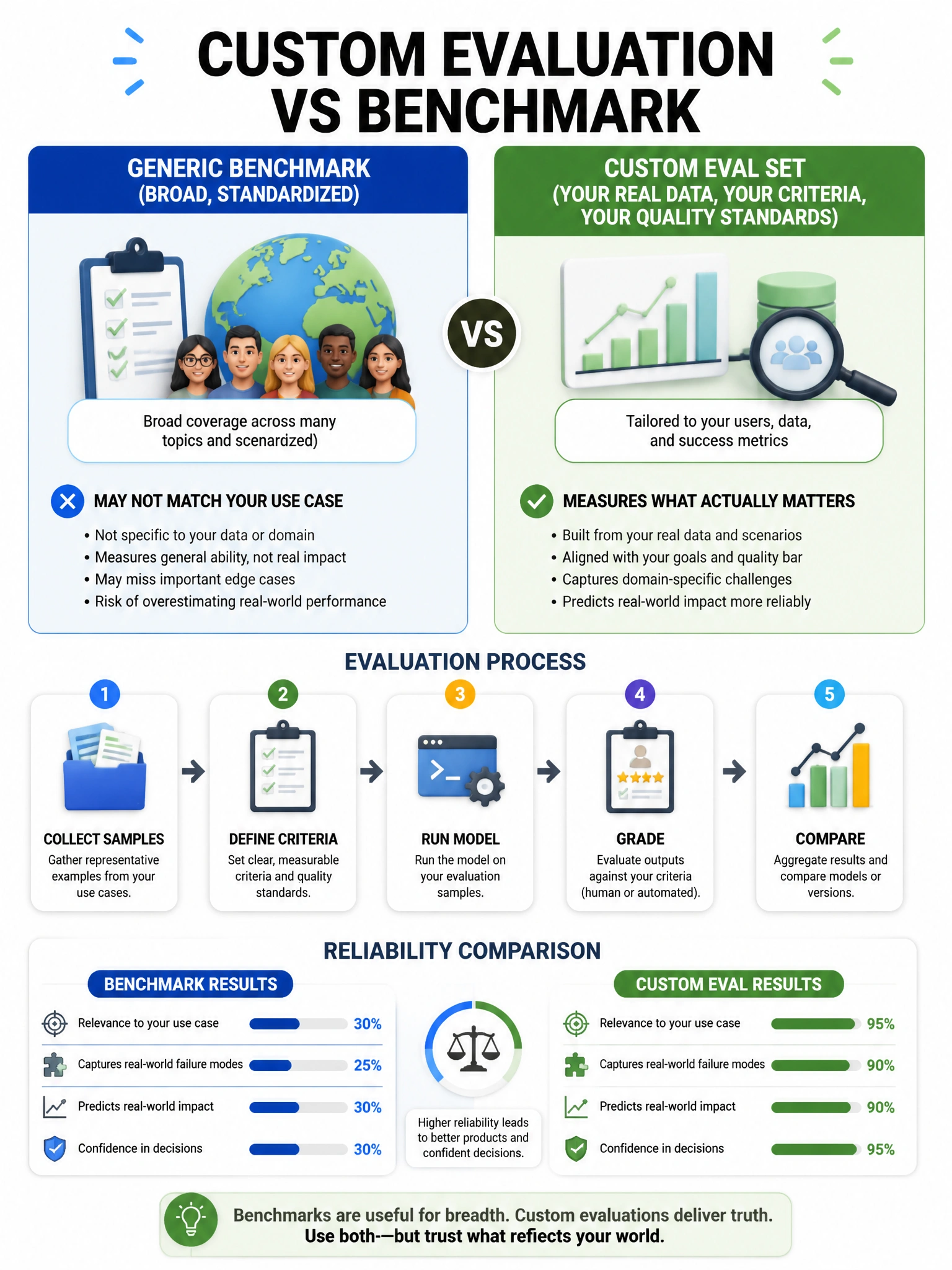 Custom evaluation vs benchmark infographic. Left: generic benchmark (broad, standardized) — may not match your use case. Right: custom eval set (your real data, your criteria, your quality standards) — measures what actually matters. Evaluation process: collect samples → define criteria → run model → grade → compare. Reliability comparison. 1024x768.