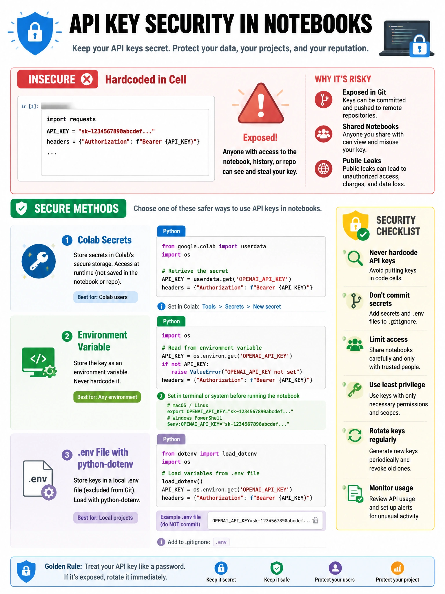API key security in notebooks infographic. Insecure: hardcoded in cell (red X, exposed in git/share). Secure methods: Colab Secrets (key icon, userdata.get), environment variable (os.environ.get), .env file with python-dotenv. Code examples for each secure method. Warning triangle on insecure approach. Security checklist. 1024x768.