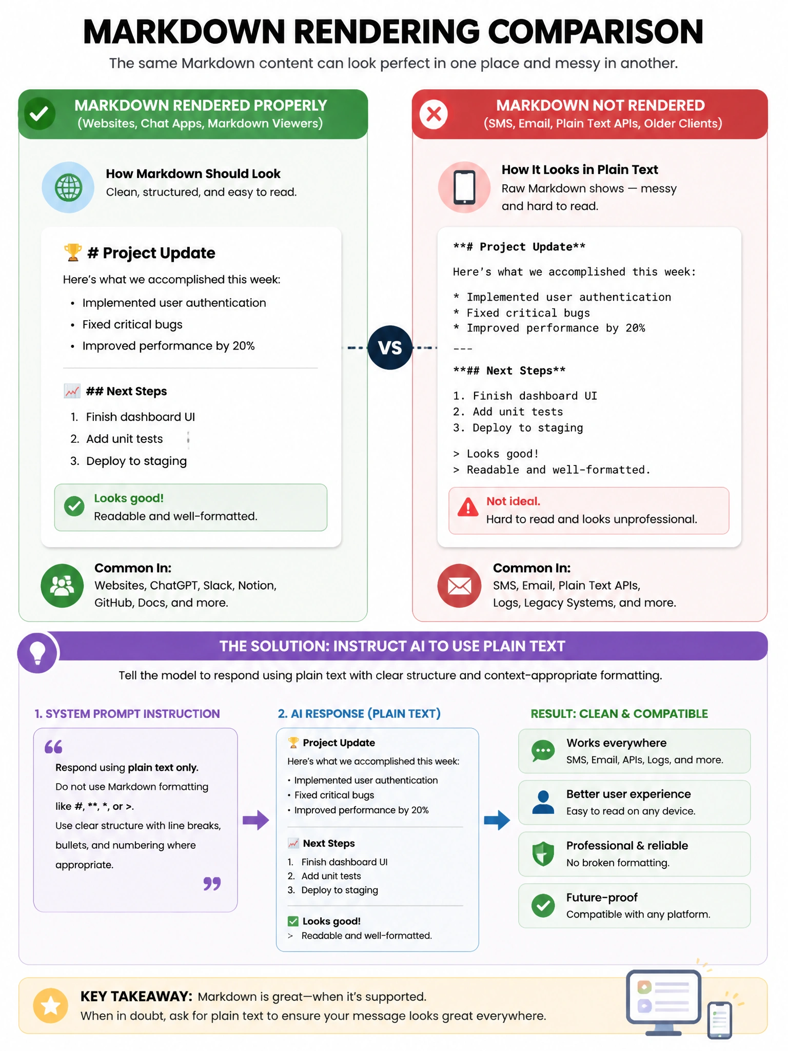 Markdown rendering comparison infographic. Left panel: Markdown rendered properly (website/chat): bold headers, bullet points look clean. Right panel: Markdown not rendered (SMS/email/plain text API): bold shows asterisks, # Header shows hash, messy. Solution shown: system prompt instruction to use plain text. Context-appropriate formatting. 1024x768.
