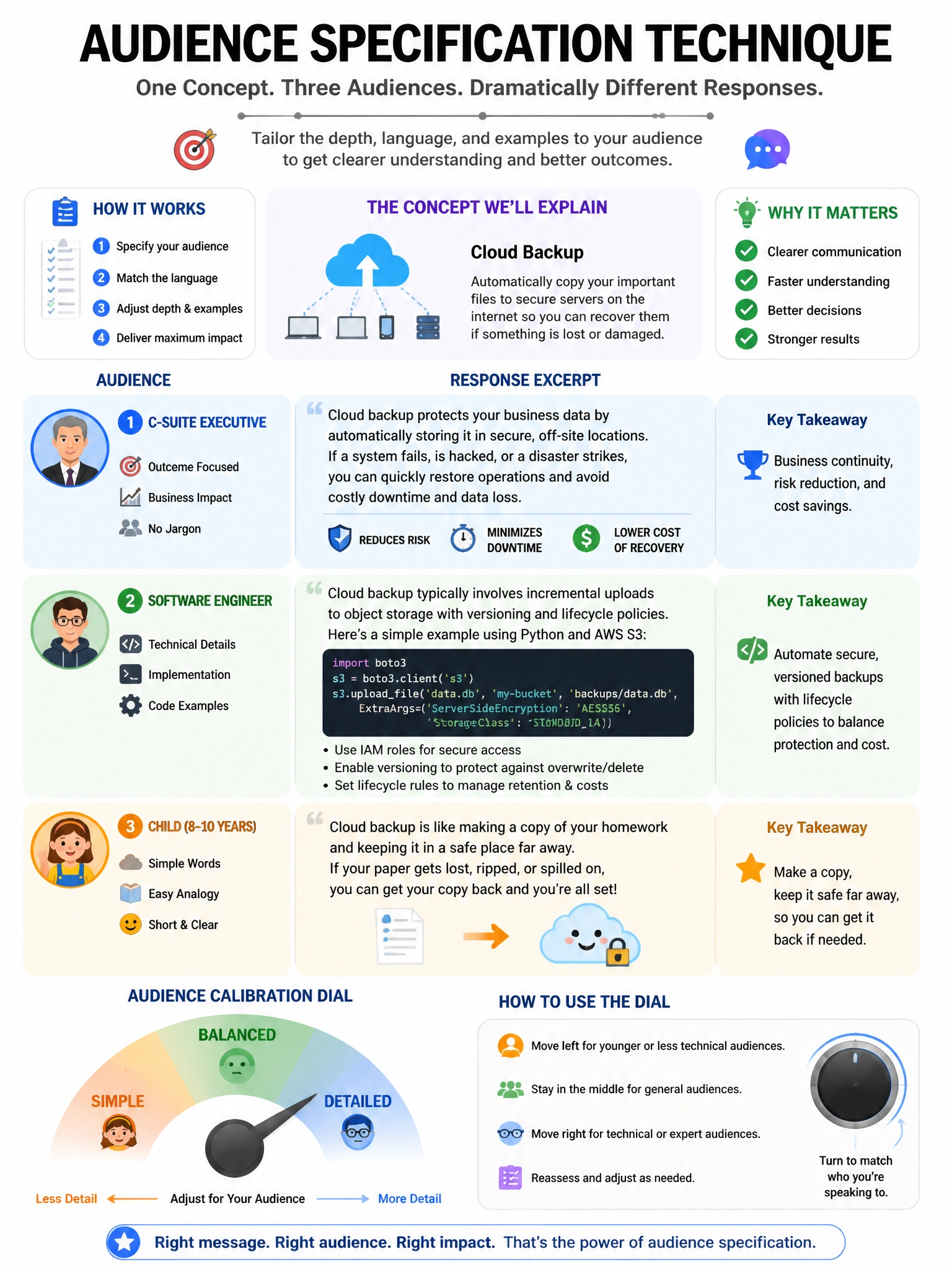 Audience specification technique infographic. Same technical concept explained at three audience levels: 1) C-Suite executive (business analogies, outcome focus, no jargon). 2) Software engineer (technical details, code examples). 3) Child (simple analogies, basic vocabulary). Side-by-side response excerpts showing dramatic difference. Audience calibration dial. 1024x768.