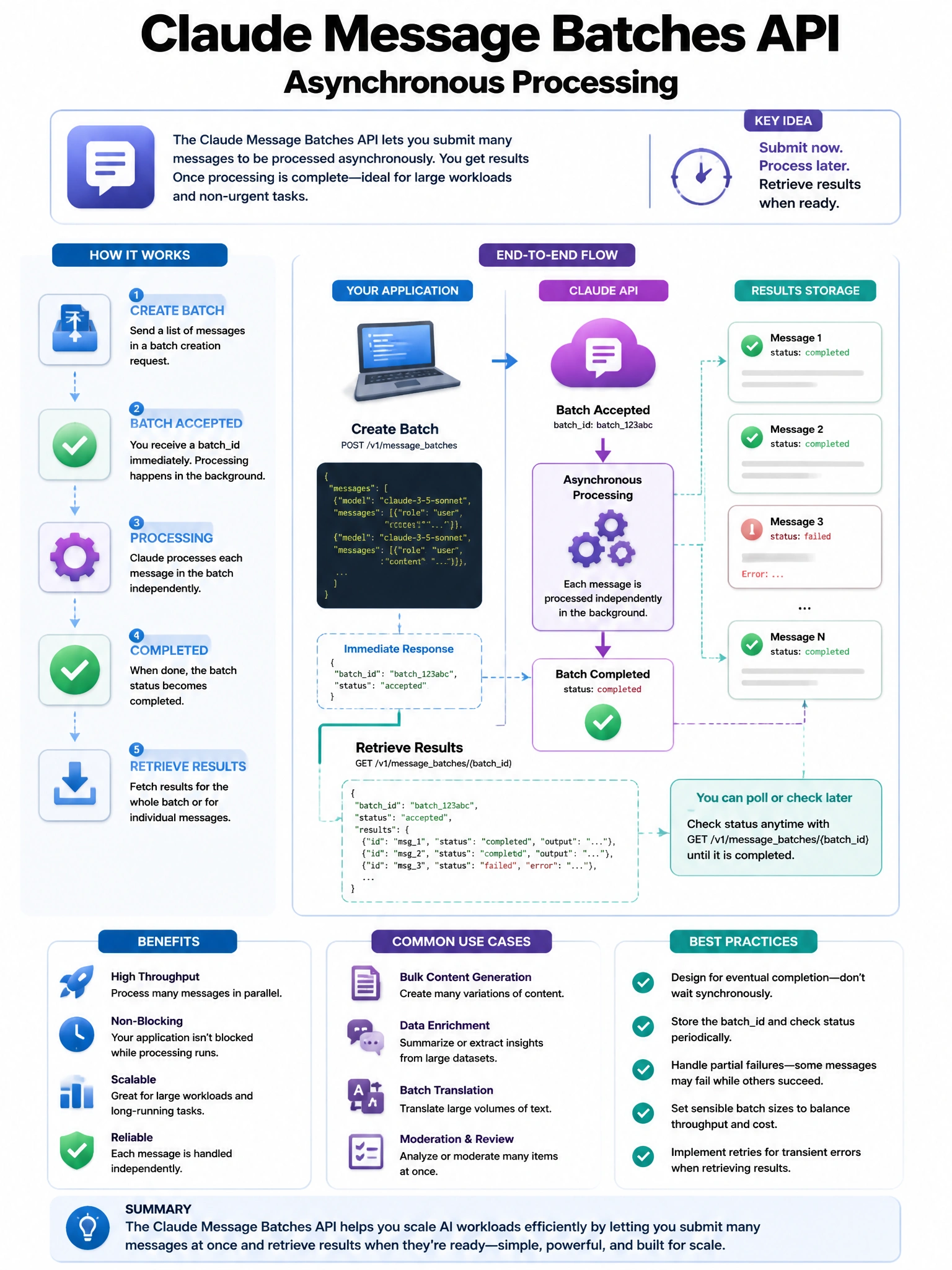 Educational infographic 1024x768 about Claude Message Batches API asynchronous processing. Clean tech blues/purples, clear labels, diagram style for CCAO-F practice question q151.