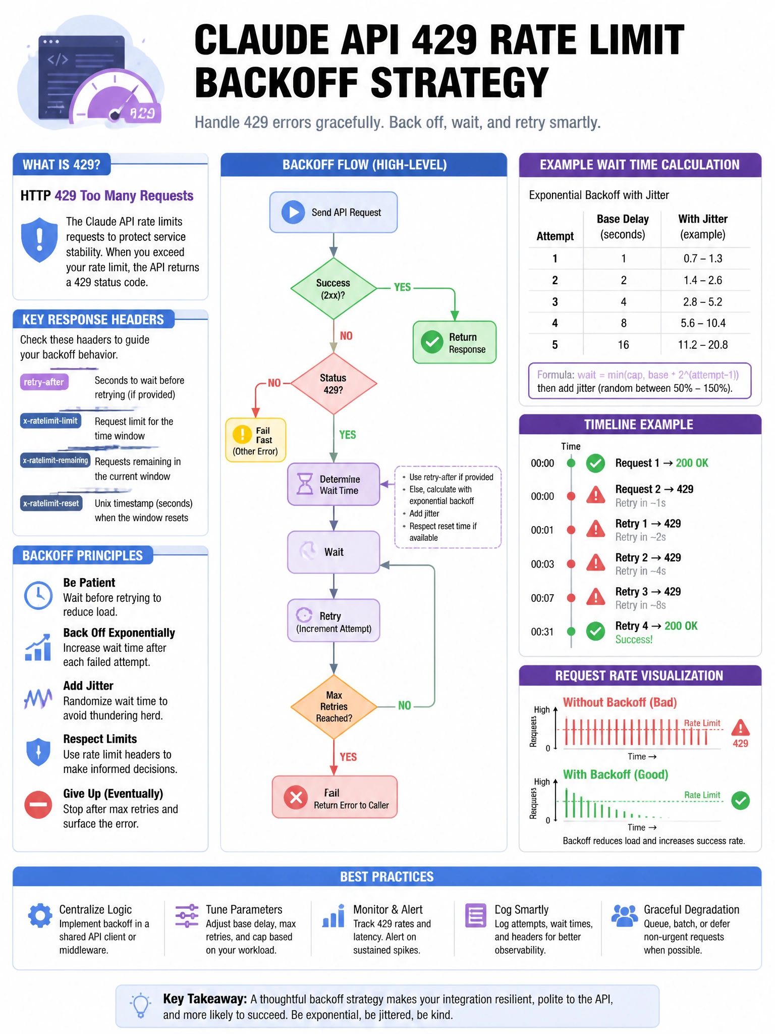 Educational infographic 1024x768 about Claude API 429 rate limit backoff strategy. Clean tech blues/purples, clear labels, diagram style for CCAO-F practice question q156.
