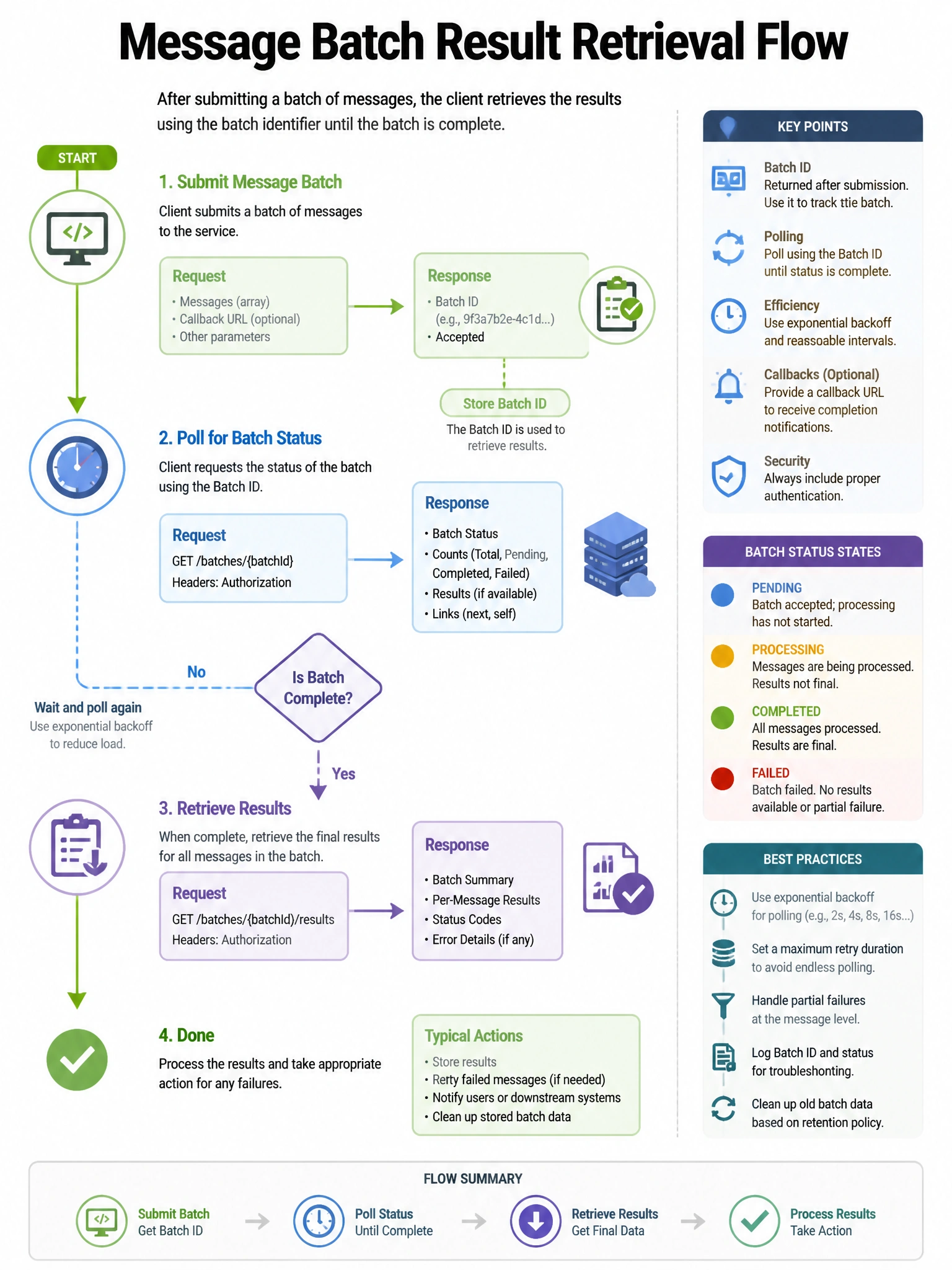 Educational infographic 1024x768 about Message Batch result retrieval flow. CCAO-F q166.