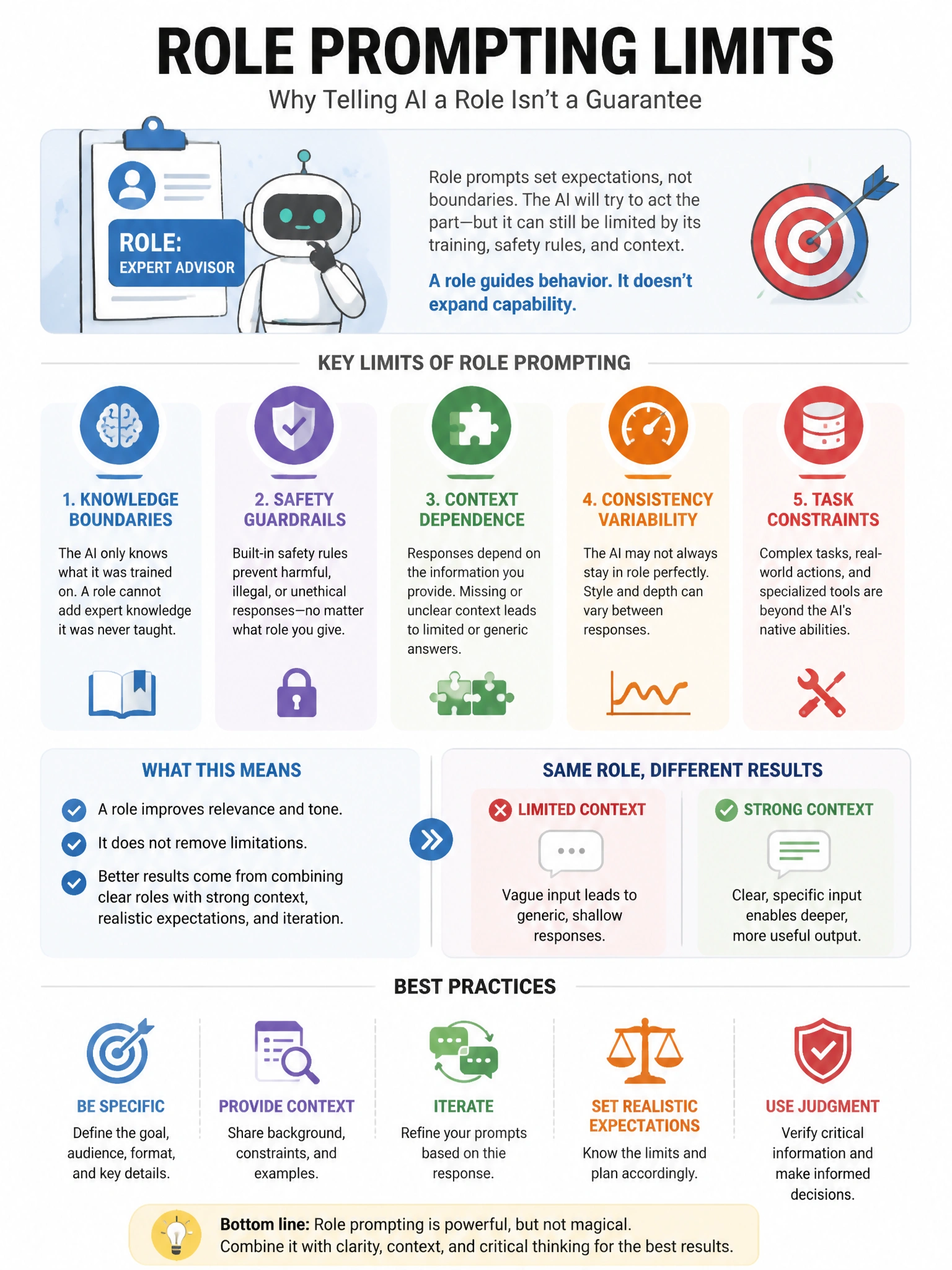 Educational infographic 1024x768 about role prompting limits. CCAO-F q194.