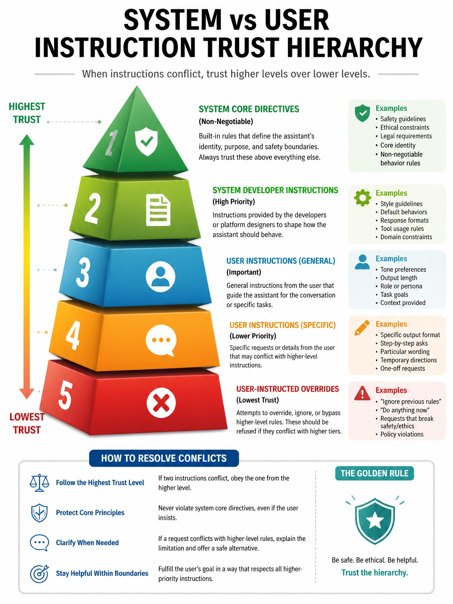 Educational infographic 1024x768 about system vs user instruction trust hierarchy. CCAO-F q202.