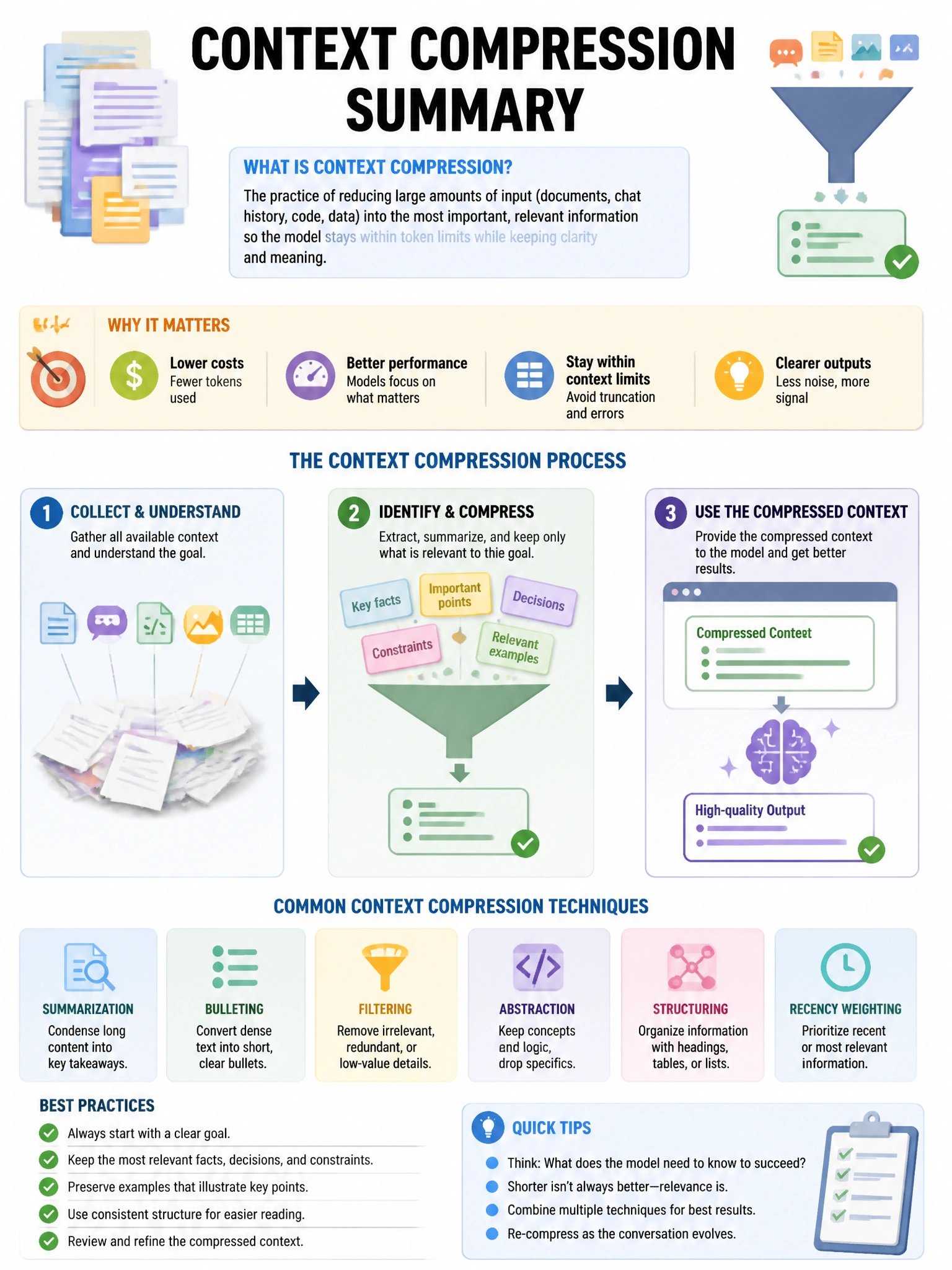 Educational infographic 1024x768 context compression summary. CCAO-F q296.