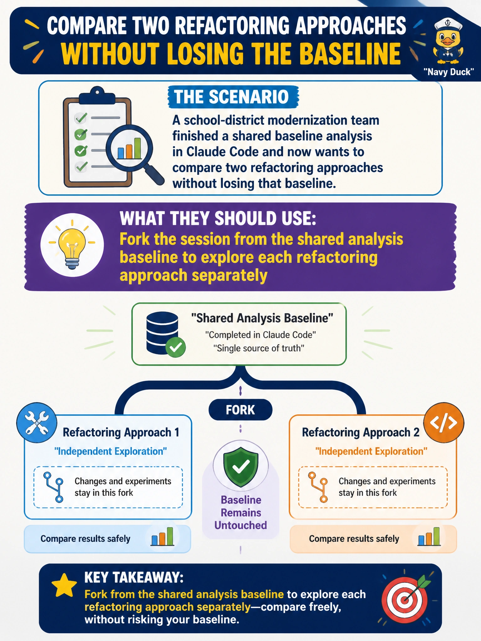 To Create an exciting colorful infographic that explains the concepts in the question: Question: A school-district modernization team finished a shared baseline analysis in Claude Code and now wants to compare two refactoring approaches without losing that baseline. What should they use? Correct Answer: Fork the session from the shared analysis baseline to explore each refactoring approach separately Put EVERY visible label in double quotes. No people. No A/B/C/D letters. In one of the four corners put a little "Navy Duck".