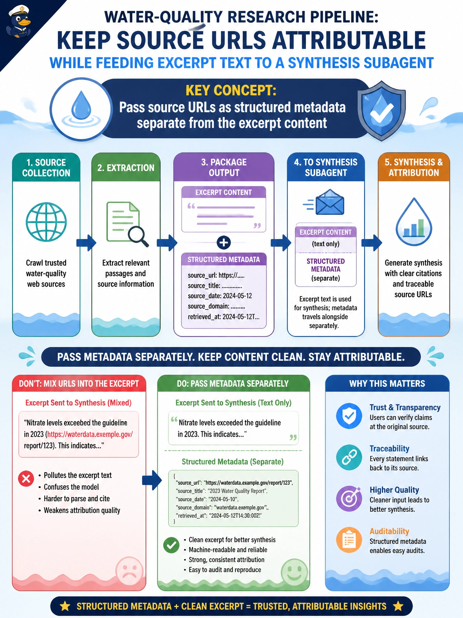 To Create an exciting colorful infographic that explains the concepts in the question: Question: A water-quality research pipeline must keep source URLs attributable while feeding excerpt text to a synthesis subagent. How should that information be passed? Correct Answer: Pass source URLs as structured metadata separate from the excerpt content Put EVERY visible label in double quotes. No people. No A/B/C/D letters. In one of the four corners put a little "Navy Duck".