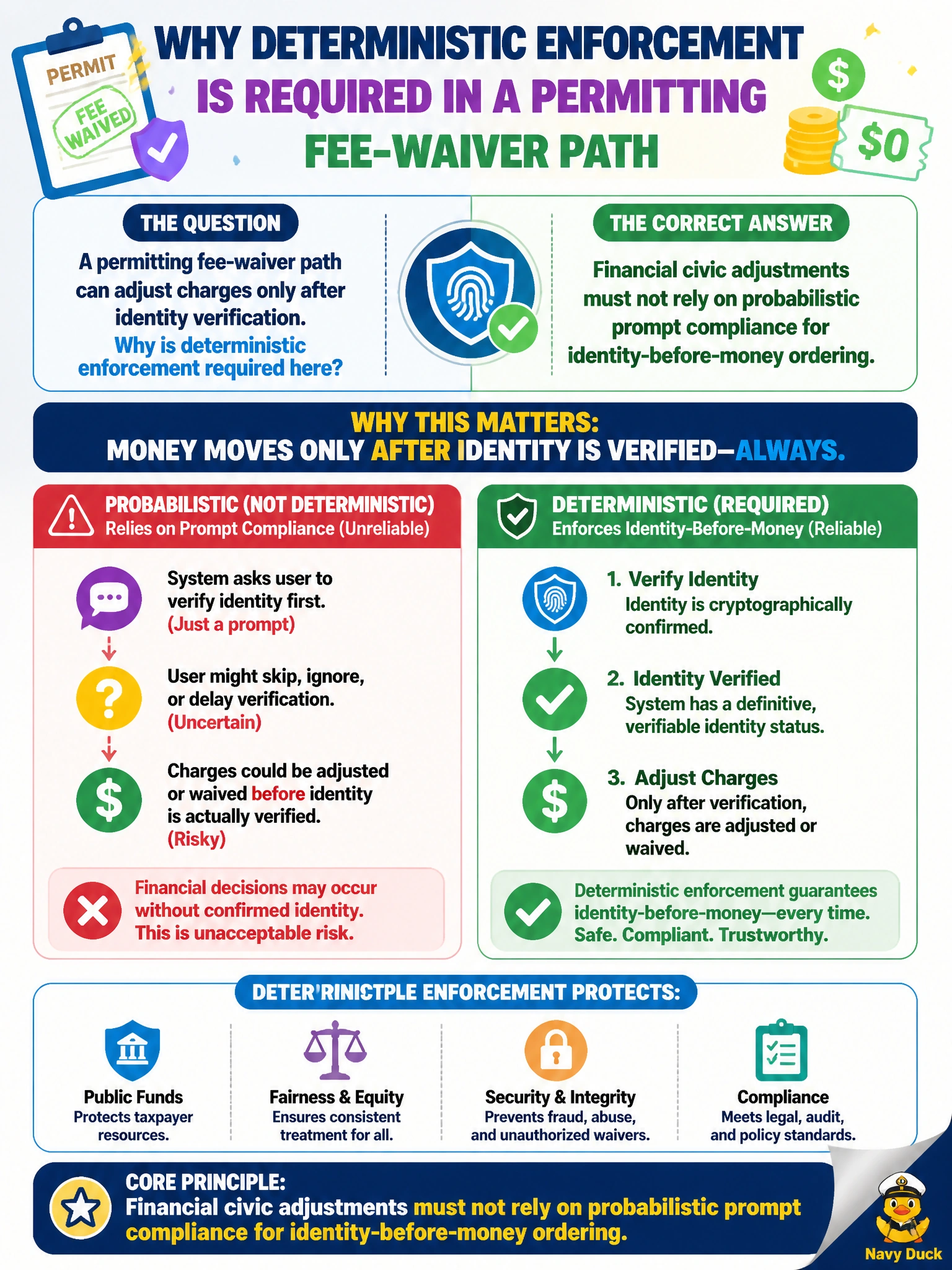 To Create an exciting colorful infographic that explains the concepts in the question: Question: A permitting fee-waiver path can adjust charges only after identity verification. Why is deterministic enforcement required here? Correct Answer: Financial civic adjustments must not rely on probabilistic prompt compliance for identity-before-money ordering Put EVERY visible label in double quotes. No people. No A/B/C/D letters. In one of the four corners put a little "Navy Duck".
