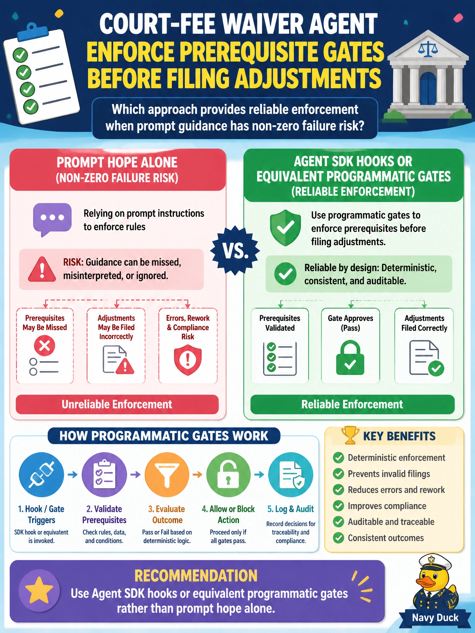 To Create an exciting colorful infographic that explains the concepts in the question: Question: A court-fee waiver agent must enforce prerequisite gates before filing adjustments. Which approach provides reliable enforcement when prompt guidance has non-zero failure risk? Correct Answer: Use Agent SDK hooks or equivalent programmatic gates rather than prompt hope alone Put EVERY visible label in double quotes. No people. No A/B/C/D letters. In one of the four corners put a little "Navy Duck".