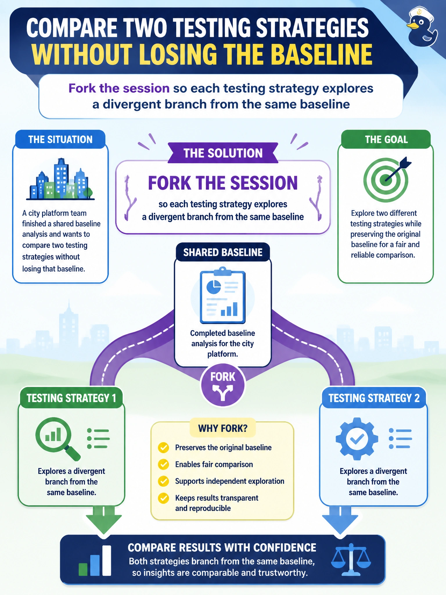 To Create an exciting colorful infographic that explains the concepts in the question: Question: A city platform team finished a shared baseline analysis and wants to compare two testing strategies without losing that baseline. What should they do? Correct Answer: Fork the session so each testing strategy explores a divergent branch from the same baseline Put EVERY visible label in double quotes. No people. No A/B/C/D letters. In one of the four corners put a little "Navy Duck".