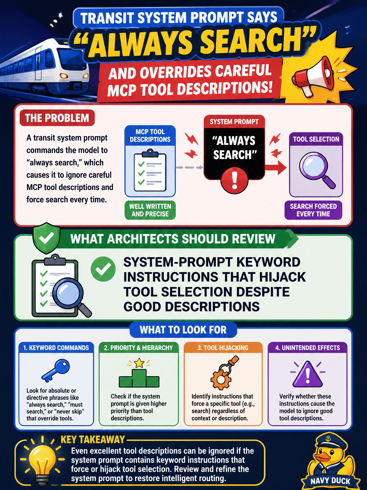 To Create an exciting colorful infographic that explains the concepts in the question: Question: A transit system prompt says "always search" and overrides careful MCP tool descriptions. What should architects review? Correct Answer: System-prompt keyword instructions that hijack tool selection despite good descriptions Put EVERY visible label in double quotes. No people. No A/B/C/D letters. In one of the four corners put a little "Navy Duck".