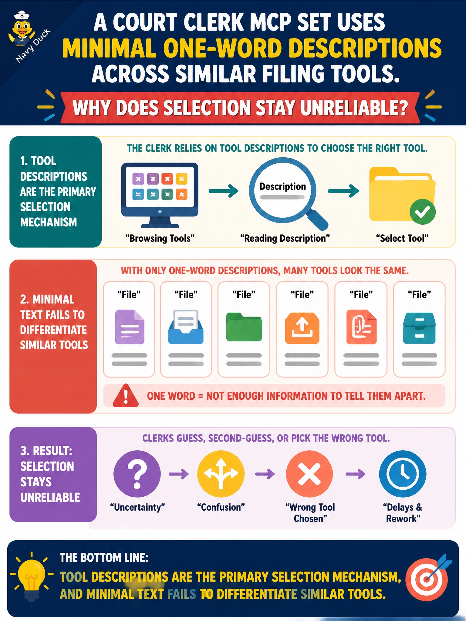 To Create an exciting colorful infographic that explains the concepts in the question: Question: A court clerk MCP set uses minimal one-word descriptions across similar filing tools. Why does selection stay unreliable? Correct Answer: Tool descriptions are the primary selection mechanism, and minimal text fails to differentiate similar tools Put EVERY visible label in double quotes. No people. No A/B/C/D letters. In one of the four corners put a little "Navy Duck".