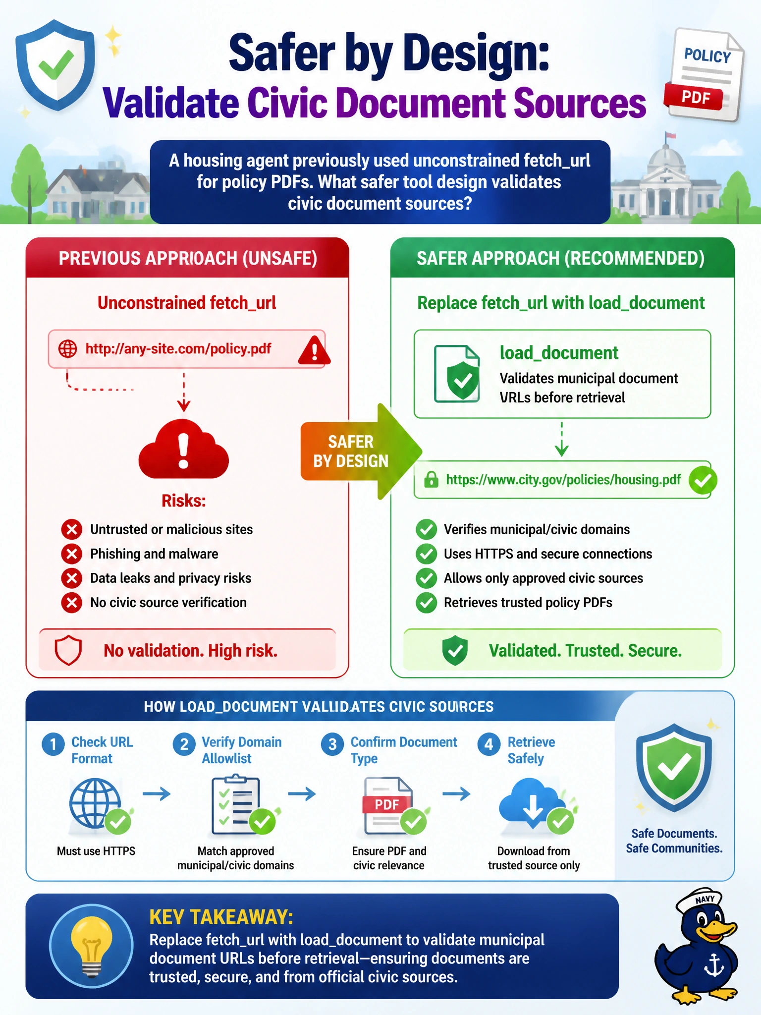 To Create an exciting colorful infographic that explains the concepts in the question: Question: A housing agent previously used unconstrained fetchurl for policy PDFs. What safer tool design validates civic document sources? Correct Answer: Replace fetchurl with loaddocument that validates municipal document URLs before retrieval Put EVERY visible label in double quotes. No people. No A/B/C/D letters. In one of the four corners put a little "Navy Duck".