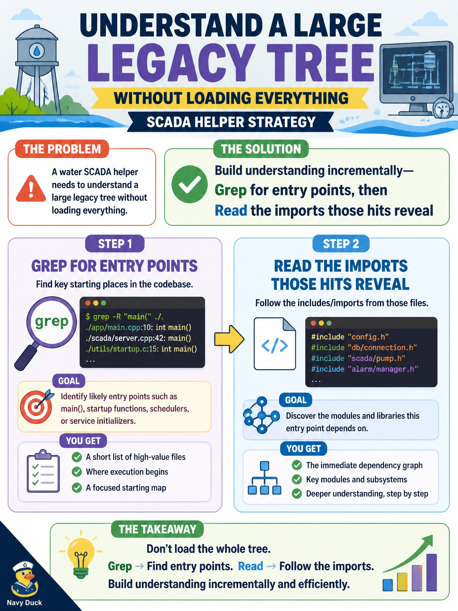 To Create an exciting colorful infographic that explains the concepts in the question: Question: A water SCADA helper needs to understand a large legacy tree without loading everything. What built-in strategy fits? Correct Answer: Build understanding incrementally—Grep for entry points, then Read the imports those hits reveal Put EVERY visible label in double quotes. No people. No A/B/C/D letters. In one of the four corners put a little "Navy Duck".