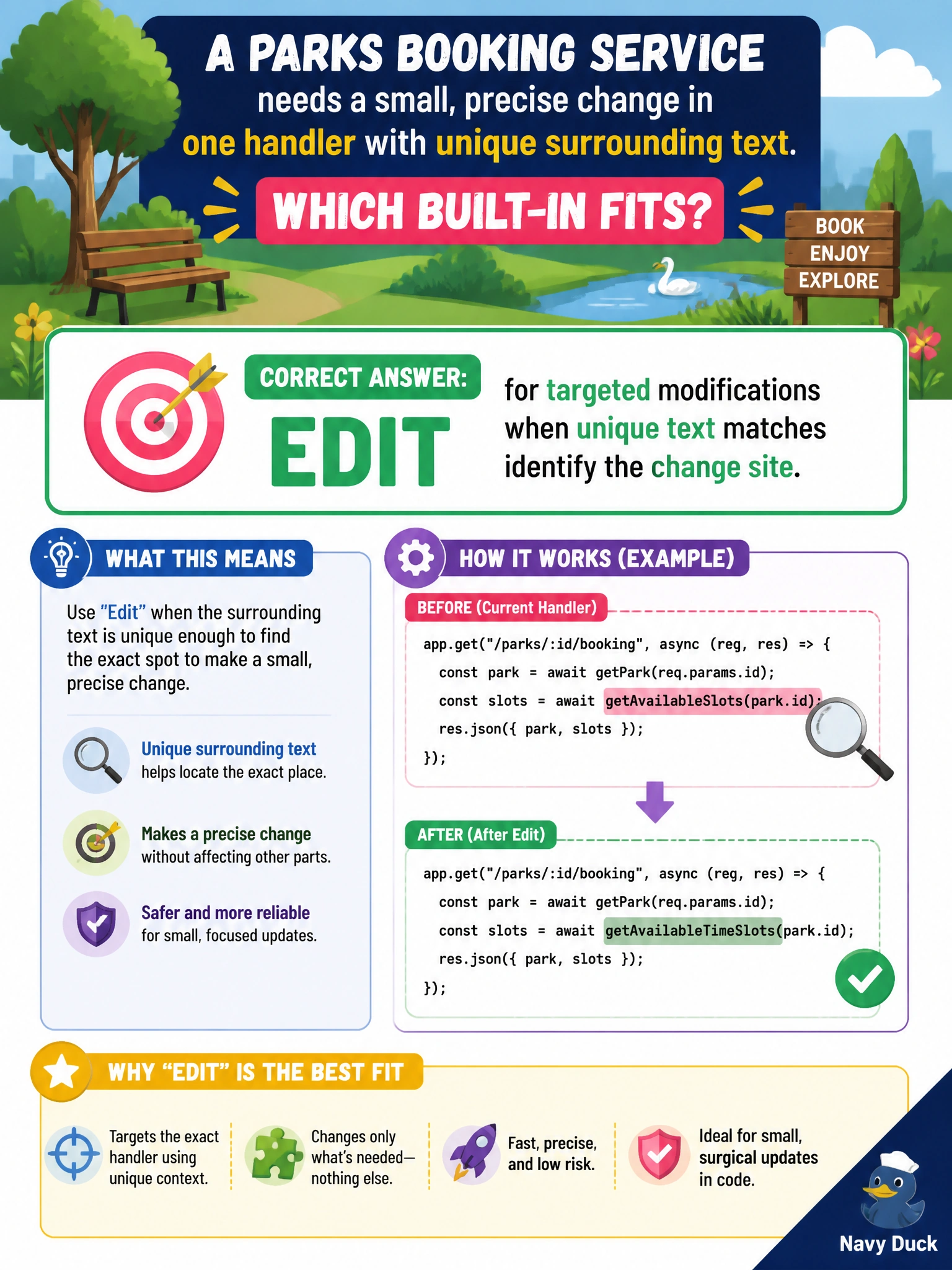 To Create an exciting colorful infographic that explains the concepts in the question: Question: A parks booking service needs a small, precise change in one handler with unique surrounding text. Which built-in fits? Correct Answer: Edit for targeted modifications when unique text matches identify the change site Put EVERY visible label in double quotes. No people. No A/B/C/D letters. In one of the four corners put a little "Navy Duck".