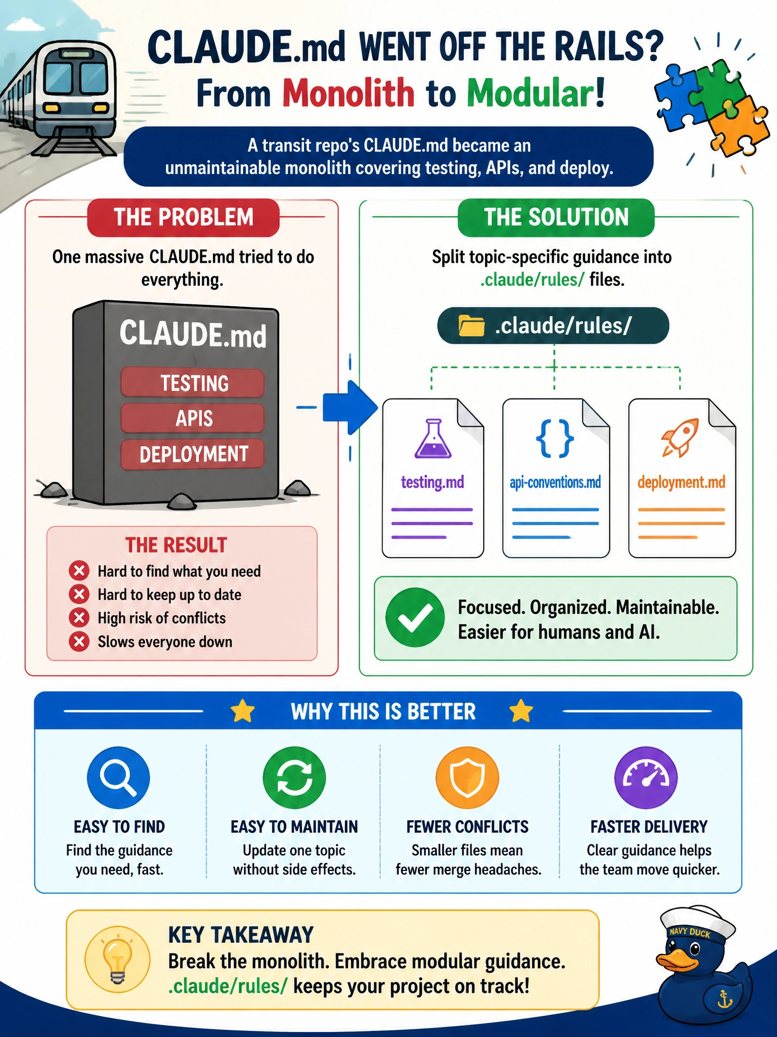 To Create an exciting colorful infographic that explains the concepts in the question: Question: A transit repo's CLAUDE.md became an unmaintainable monolith covering testing, APIs, and deploy. What should the team do? Correct Answer: Split topic-specific guidance into .claude/rules/ files such as testing, api-conventions, and deployment Put EVERY visible label in double quotes. No people. No A/B/C/D letters. In one of the four corners put a little "Navy Duck".