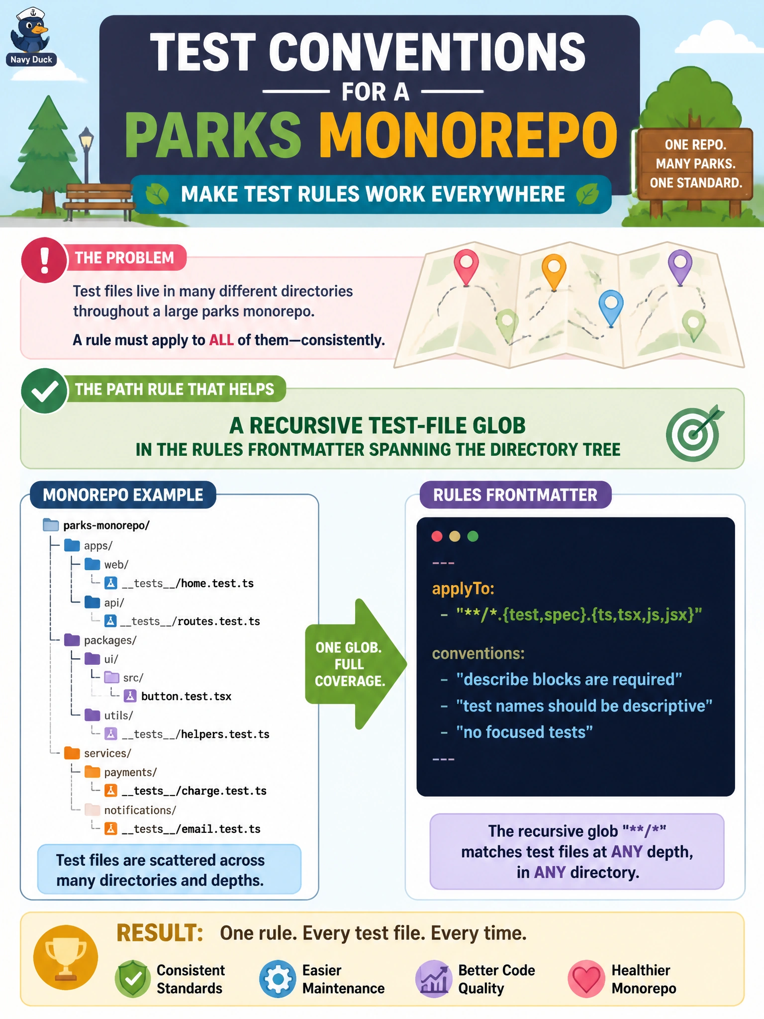 To Create an exciting colorful infographic that explains the concepts in the question: Question: Test conventions for a parks monorepo must apply to test files scattered across many directories. What path rule helps? Correct Answer: A recursive test-file glob in the rules frontmatter spanning the directory tree Put EVERY visible label in double quotes. No people. No A/B/C/D letters. In one of the four corners put a little "Navy Duck".