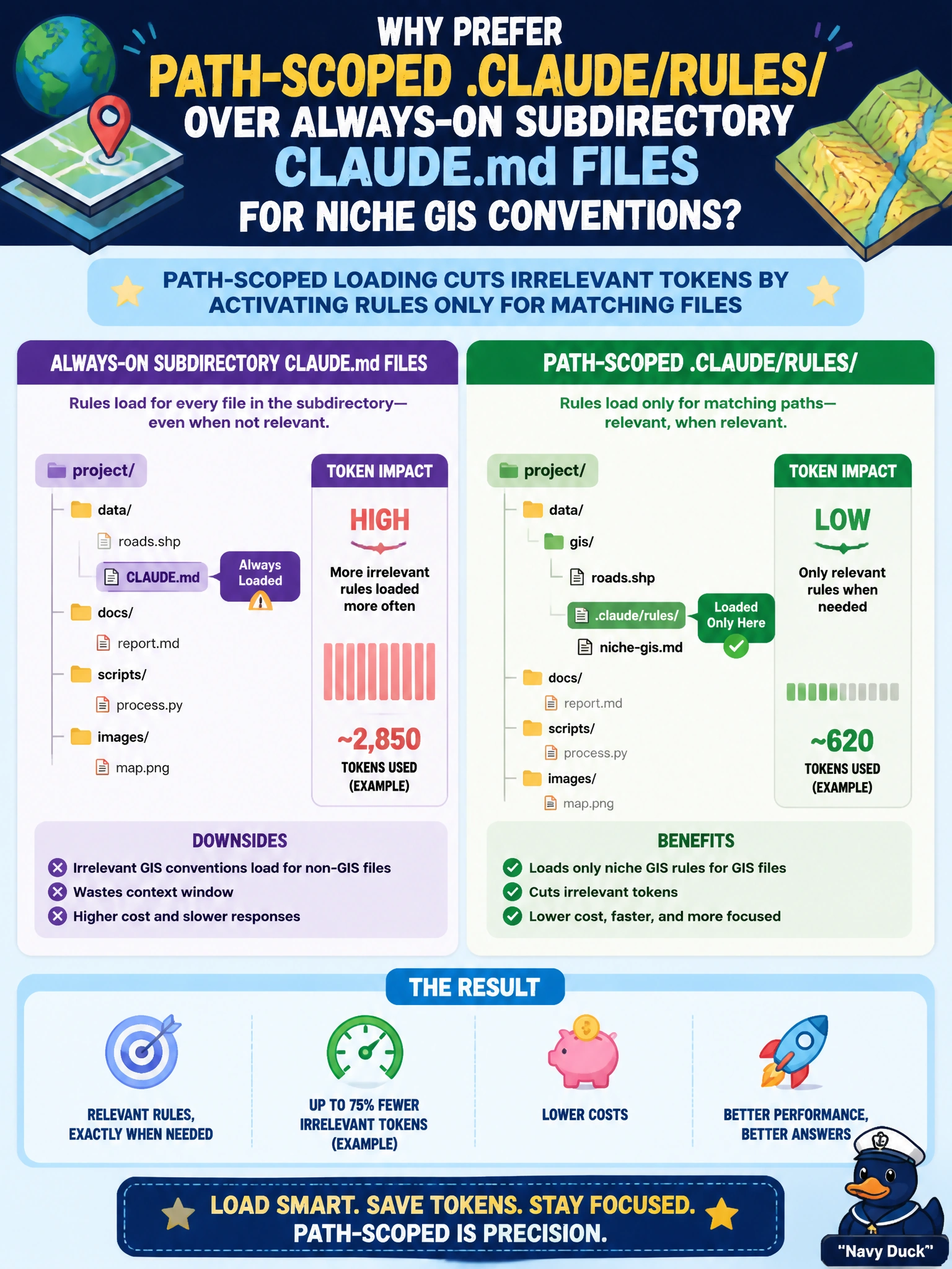 To Create an exciting colorful infographic that explains the concepts in the question: Question: Why prefer path-scoped .claude/rules/ over always-on subdirectory CLAUDE.md files for niche GIS conventions? Correct Answer: Path-scoped loading cuts irrelevant tokens by activating rules only for matching files Put EVERY visible label in double quotes. No people. No A/B/C/D letters. In one of the four corners put a little "Navy Duck".