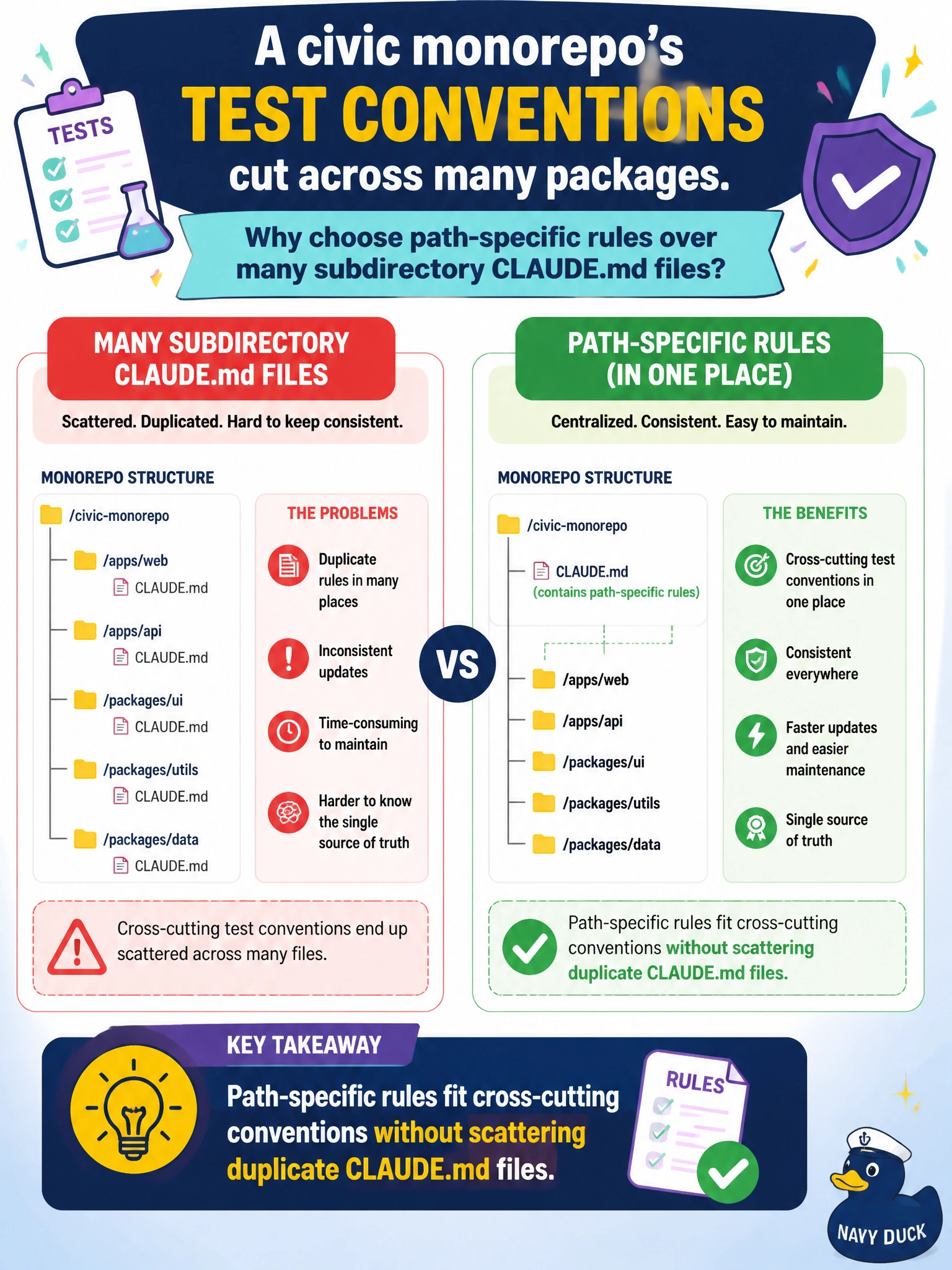 To Create an exciting colorful infographic that explains the concepts in the question: Question: A civic monorepo's test conventions cut across many packages. Why choose path-specific rules over many subdirectory CLAUDE.md files? Correct Answer: Path-specific rules fit cross-cutting conventions without scattering duplicate CLAUDE.md files Put EVERY visible label in double quotes. No people. No A/B/C/D letters. In one of the four corners put a little "Navy Duck".