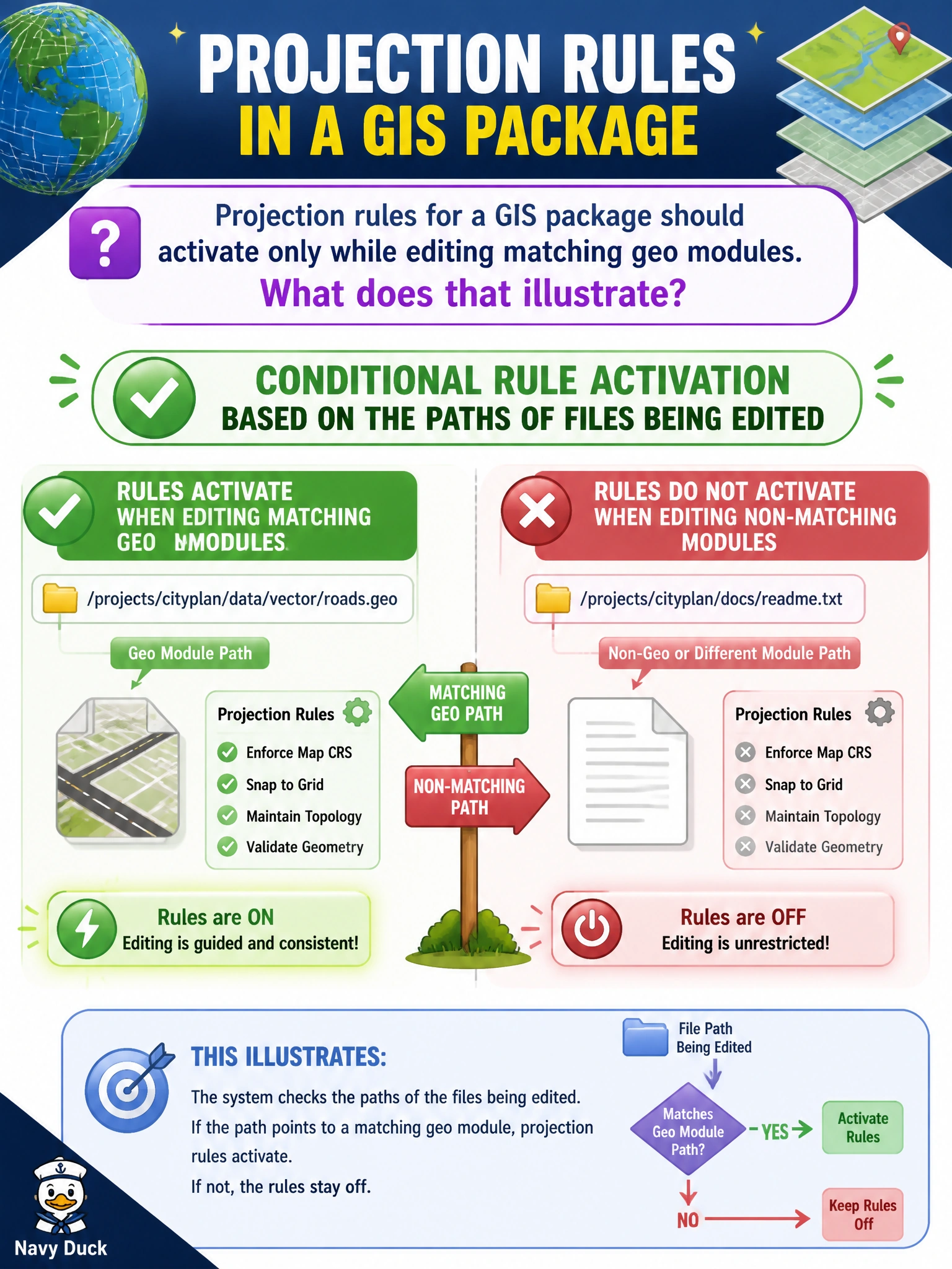To Create an exciting colorful infographic that explains the concepts in the question: Question: Projection rules for a GIS package should activate only while editing matching geo modules. What does that illustrate? Correct Answer: Conditional rule activation based on the paths of files being edited Put EVERY visible label in double quotes. No people. No A/B/C/D letters. In one of the four corners put a little "Navy Duck".