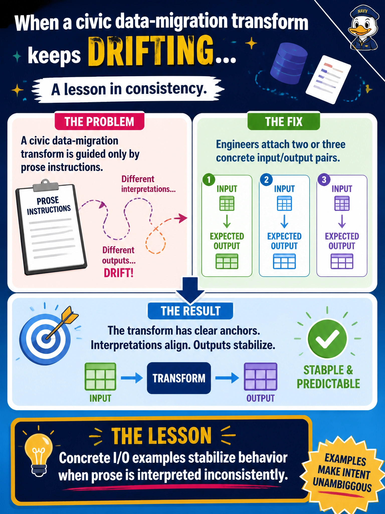 To Create an exciting colorful infographic that explains the concepts in the question: Question: A civic data-migration transform keeps drifting until engineers attach two or three concrete input/output pairs. What lesson applies? Correct Answer: Concrete I/O examples stabilize behavior when prose is interpreted inconsistently Put EVERY visible label in double quotes. No people. No A/B/C/D letters. In one of the four corners put a little "Navy Duck".