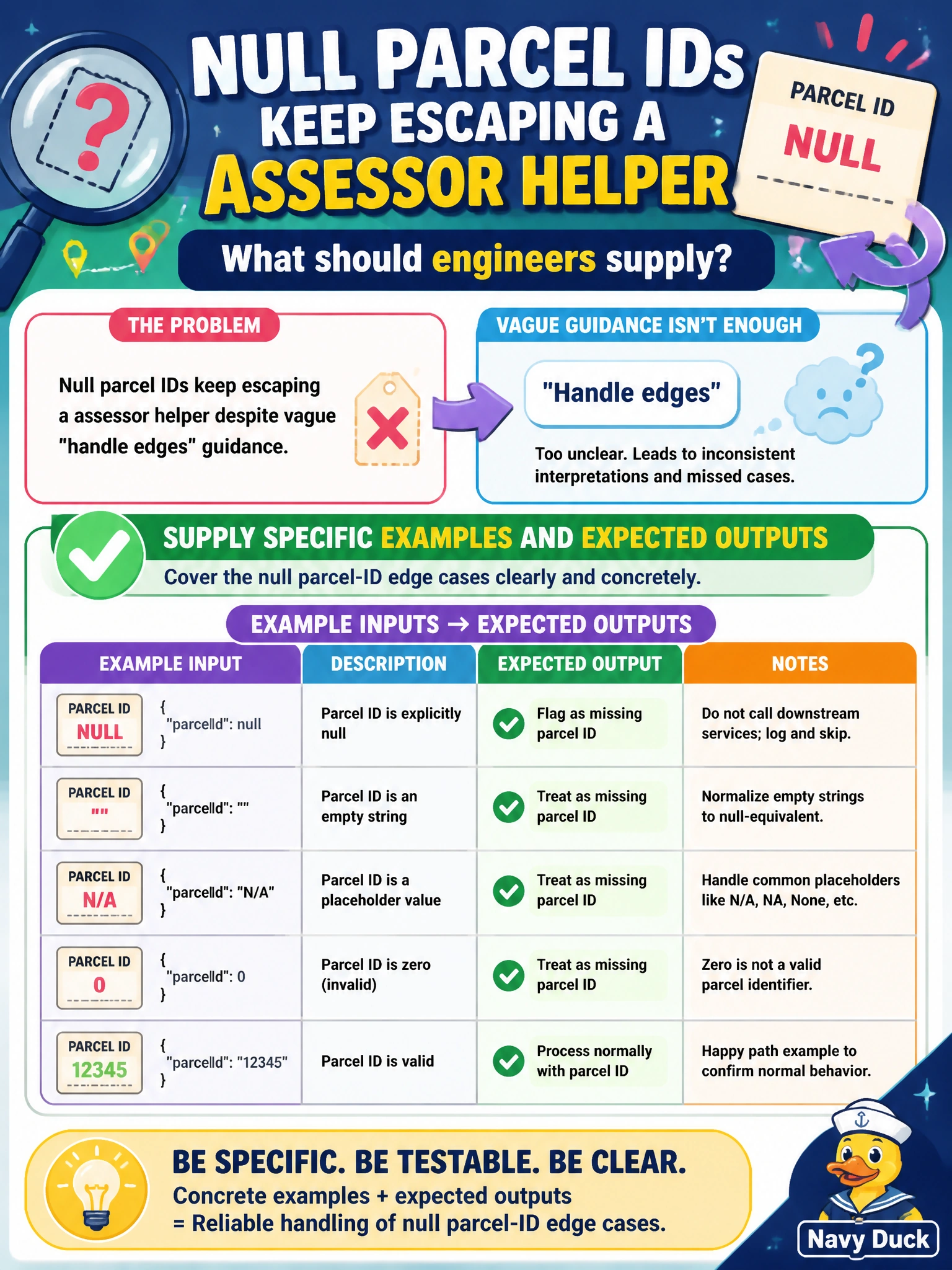 To Create an exciting colorful infographic that explains the concepts in the question: Question: Null parcel IDs keep escaping a assessor helper despite vague "handle edges" guidance. What should engineers supply? Correct Answer: Specific example inputs and expected outputs covering the null parcel-ID edge cases Put EVERY visible label in double quotes. No people. No A/B/C/D letters. In one of the four corners put a little "Navy Duck".