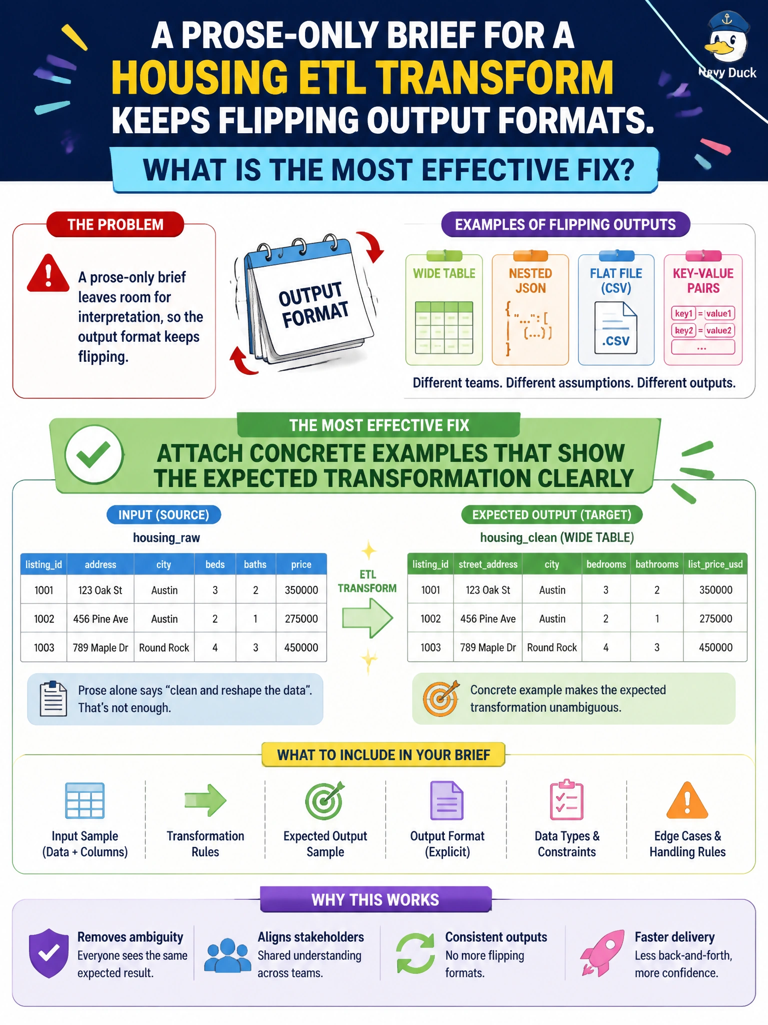 To Create an exciting colorful infographic that explains the concepts in the question: Question: A prose-only brief for a housing ETL transform keeps flipping output formats. What is the most effective fix? Correct Answer: Attach concrete examples that show the expected transformation clearly Put EVERY visible label in double quotes. No people. No A/B/C/D letters. In one of the four corners put a little "Navy Duck".