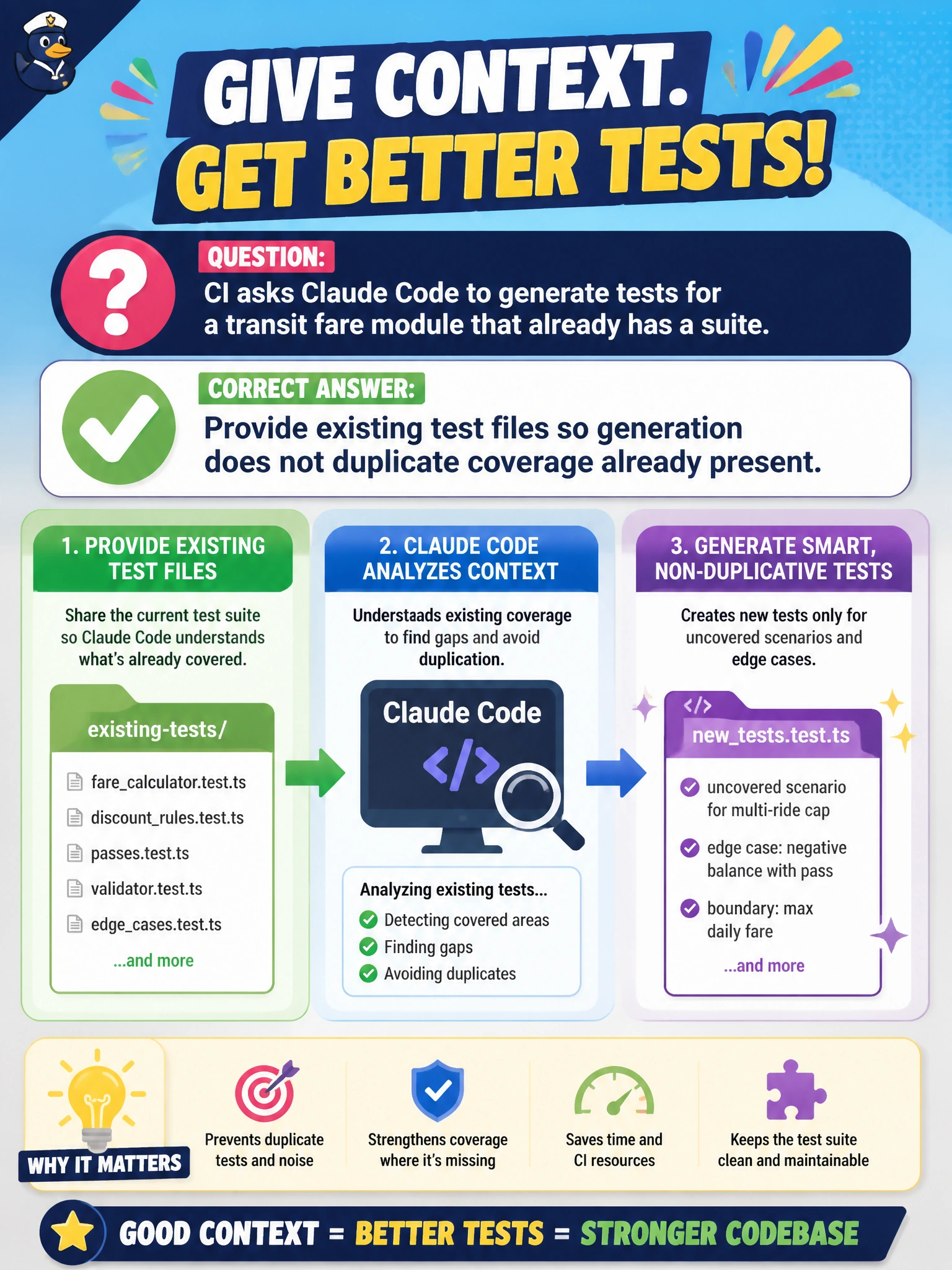 To Create an exciting colorful infographic that explains the concepts in the question: Question: CI asks Claude Code to generate tests for a transit fare module that already has a suite. What context should be supplied? Correct Answer: Provide existing test files so generation does not duplicate coverage already present Put EVERY visible label in double quotes. No people. No A/B/C/D letters. In one of the four corners put a little "Navy Duck".
