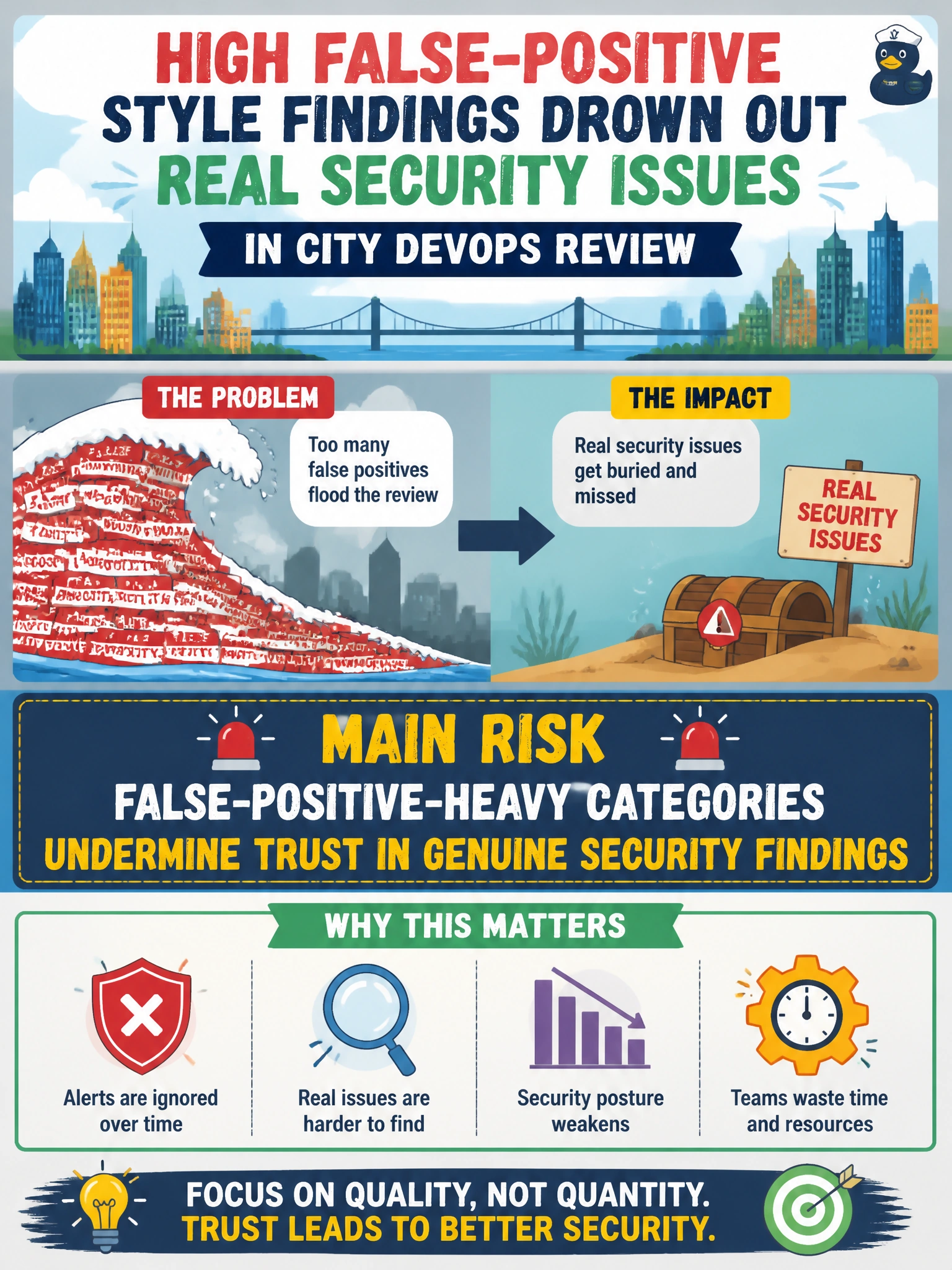 To Create an exciting colorful infographic that explains the concepts in the question: Question: High false-positive style findings drown out real security issues in city DevOps review. What is the main risk? Correct Answer: False-positive-heavy categories undermine trust in genuine security findings Put EVERY visible label in double quotes. No people. No A/B/C/D letters. In one of the four corners put a little "Navy Duck".