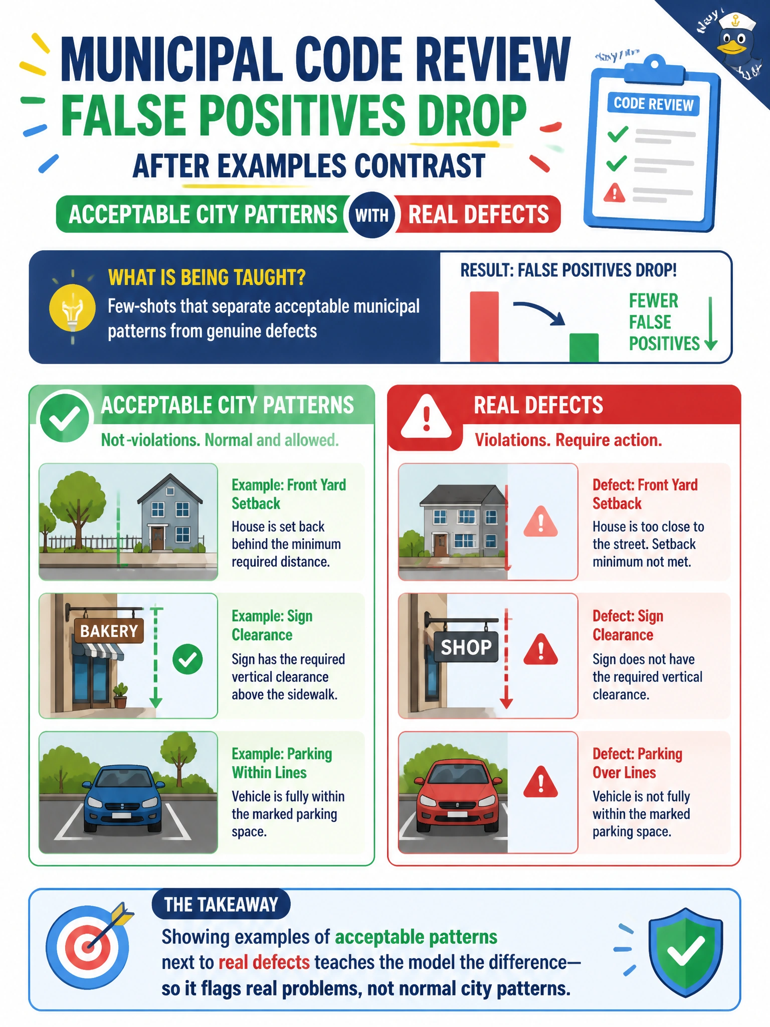 To Create an exciting colorful infographic that explains the concepts in the question: Question: Municipal code review false positives drop after examples contrast acceptable city patterns with real defects. What is being taught? Correct Answer: Few-shots that separate acceptable municipal patterns from genuine defects Put EVERY visible label in double quotes. No people. No A/B/C/D letters. In one of the four corners put a little "Navy Duck".