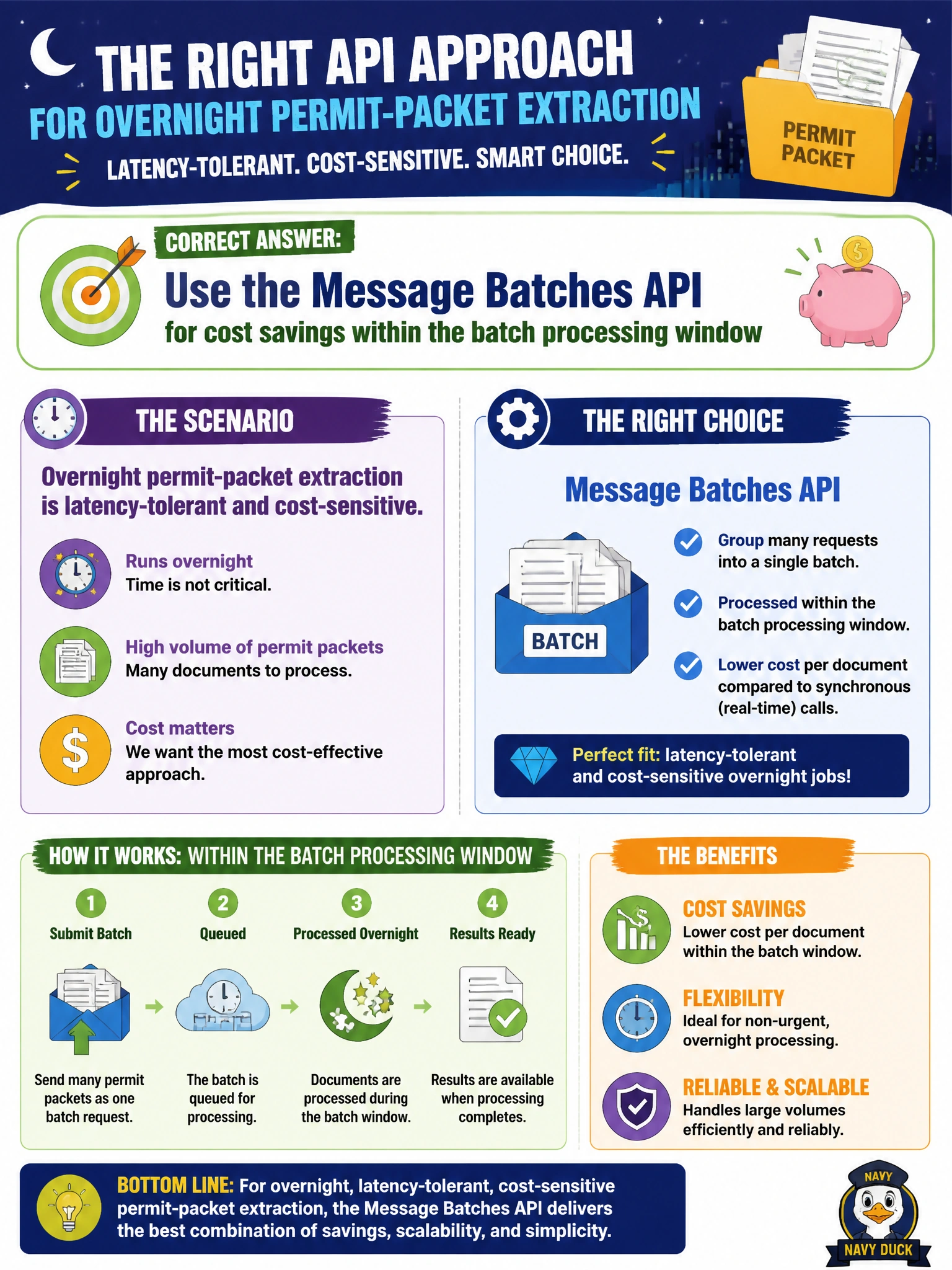 To Create an exciting colorful infographic that explains the concepts in the question: Question: Overnight permit-packet extraction is latency-tolerant and cost-sensitive. Which API approach fits? Correct Answer: Use the Message Batches API for cost savings within the batch processing window Put EVERY visible label in double quotes. No people. No A/B/C/D letters. In one of the four corners put a little "Navy Duck".