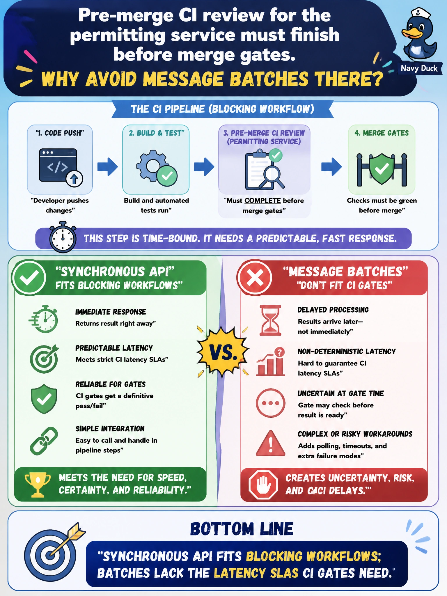 To Create an exciting colorful infographic that explains the concepts in the question: Question: Pre-merge CI review for the permitting service must finish before merge gates. Why avoid Message Batches there? Correct Answer: Synchronous API fits blocking workflows; batches lack the latency SLAs CI gates need Put EVERY visible label in double quotes. No people. No A/B/C/D letters. In one of the four corners put a little "Navy Duck".