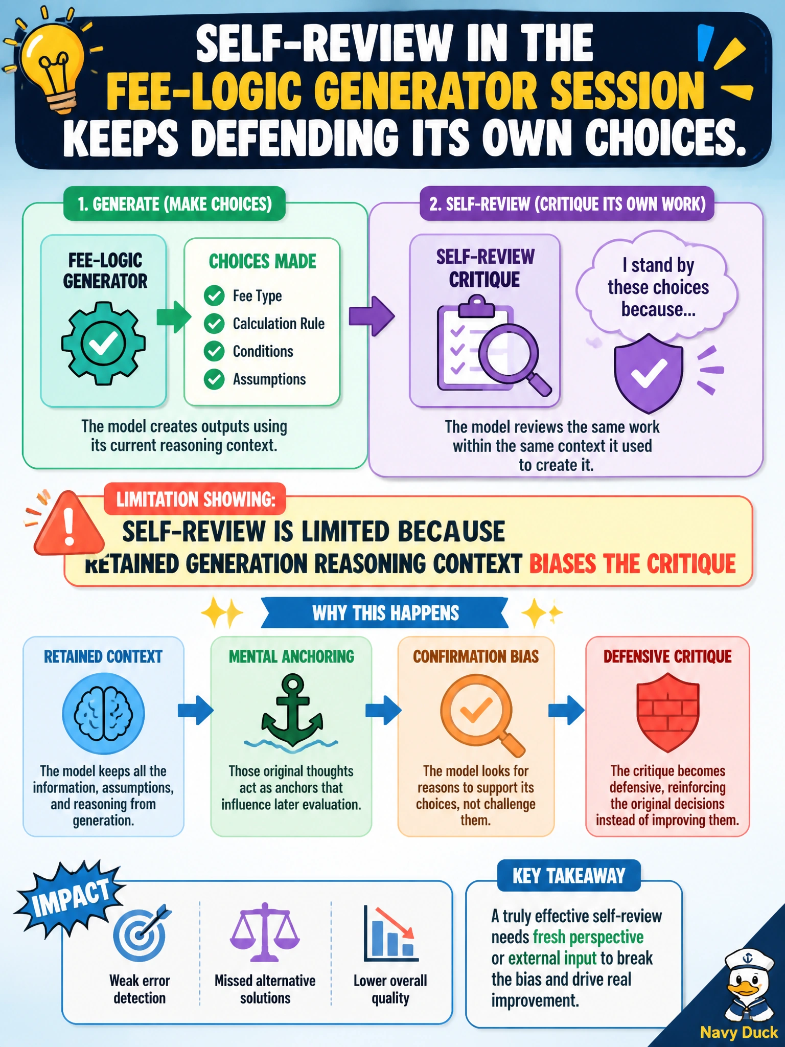 To Create an exciting colorful infographic that explains the concepts in the question: Question: Self-review in the fee-logic generator session keeps defending its own choices. What limitation is showing? Correct Answer: Self-review is limited because retained generation reasoning context biases the critique Put EVERY visible label in double quotes. No people. No A/B/C/D letters. In one of the four corners put a little "Navy Duck".