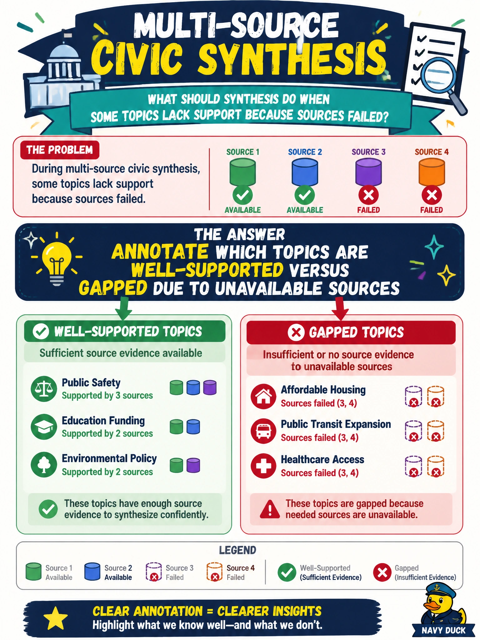 To Create an exciting colorful infographic that explains the concepts in the question: Question: During multi-source civic synthesis, some topics lack support because sources failed. What should synthesis do? Correct Answer: Annotate which topics are well-supported versus gapped due to unavailable sources Put EVERY visible label in double quotes. No people. No A/B/C/D letters. In one of the four corners put a little "Navy Duck".