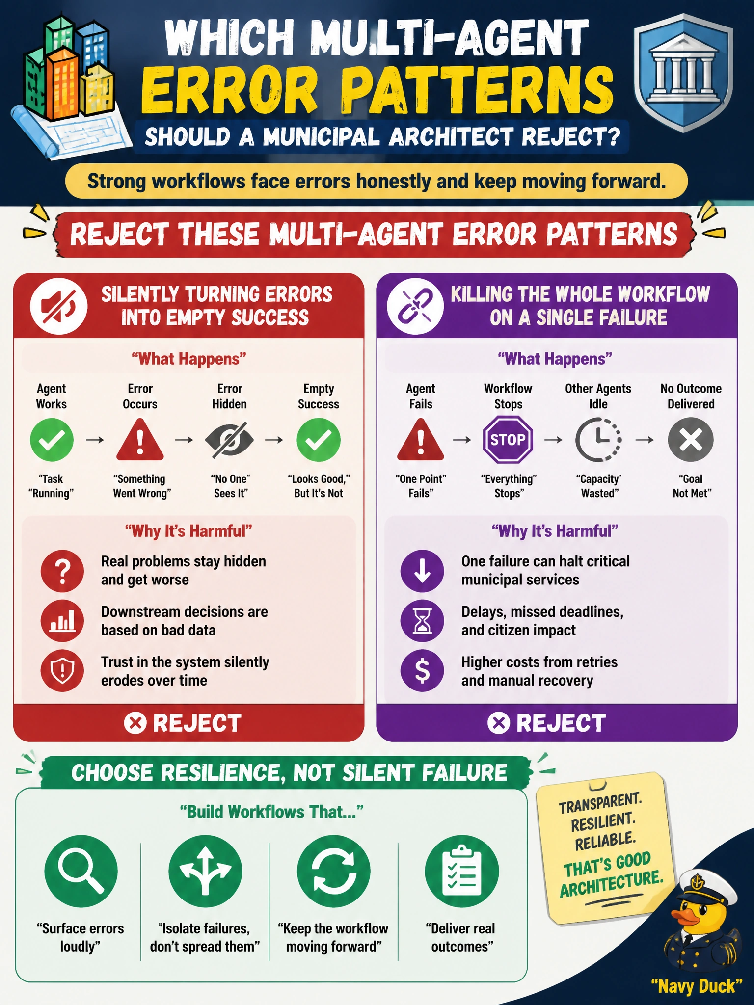 To Create an exciting colorful infographic that explains the concepts in the question: Question: Which multi-agent error patterns should a municipal architect reject? Correct Answer: Silently turning errors into empty success and killing the whole workflow on a single failure Put EVERY visible label in double quotes. No people. No A/B/C/D letters. In one of the four corners put a little "Navy Duck".