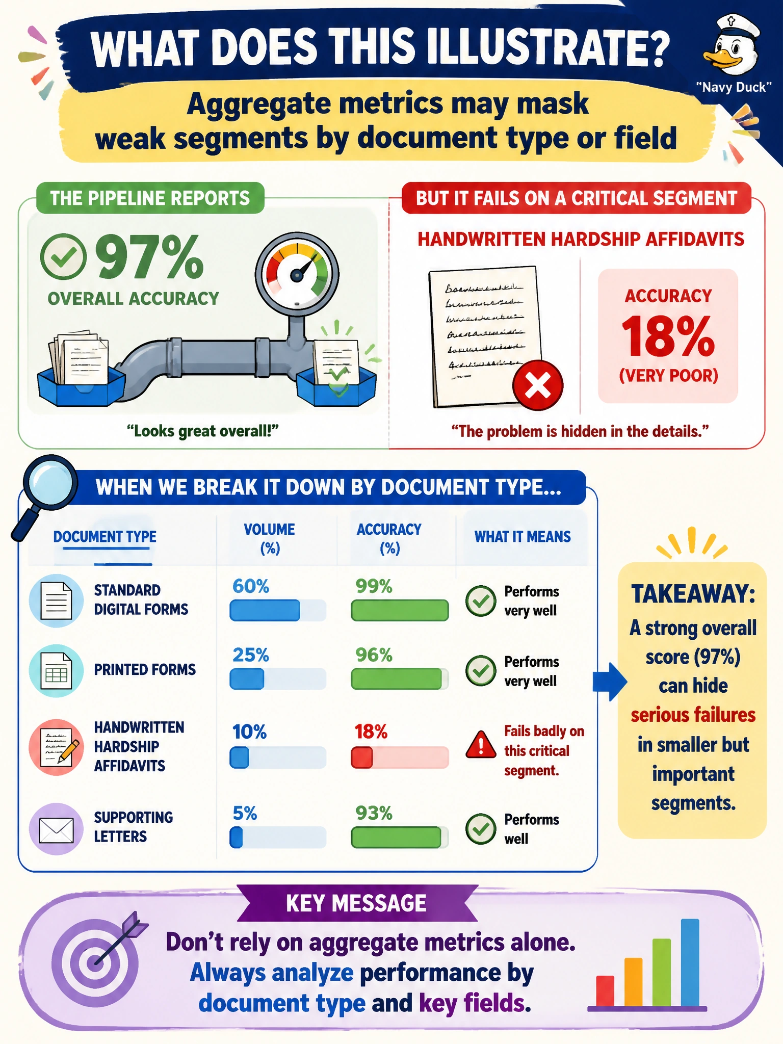 To Create an exciting colorful infographic that explains the concepts in the question: Question: A clerk extraction pipeline reports 97% overall accuracy but fails badly on handwritten hardship affidavits. What does this illustrate? Correct Answer: Aggregate metrics may mask weak segments by document type or field Put EVERY visible label in double quotes. No people. No A/B/C/D letters. In one of the four corners put a little "Navy Duck".