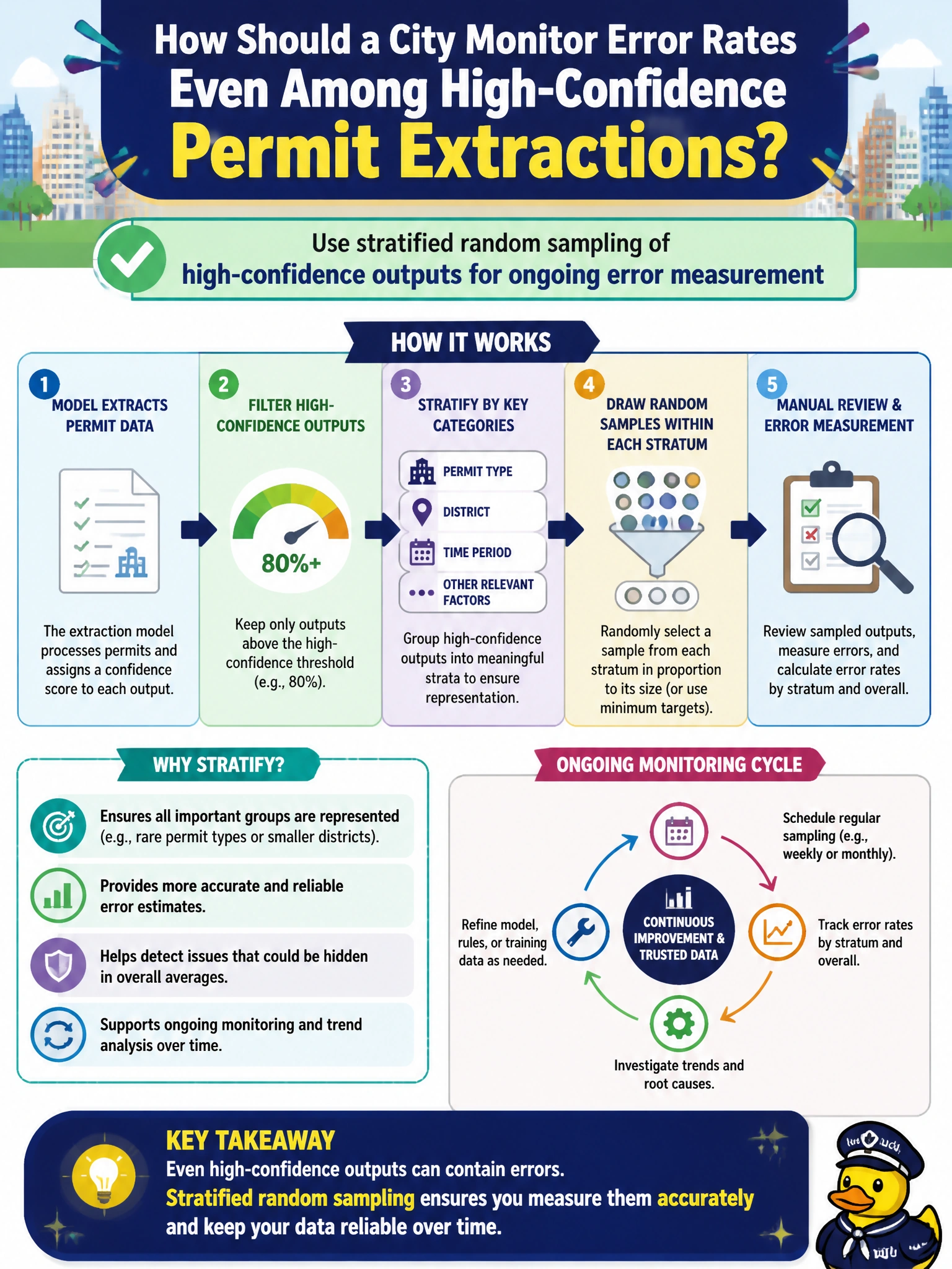 To Create an exciting colorful infographic that explains the concepts in the question: Question: How should a city monitor error rates even among high-confidence permit extractions? Correct Answer: Use stratified random sampling of high-confidence outputs for ongoing error measurement Put EVERY visible label in double quotes. No people. No A/B/C/D letters. In one of the four corners put a little "Navy Duck".