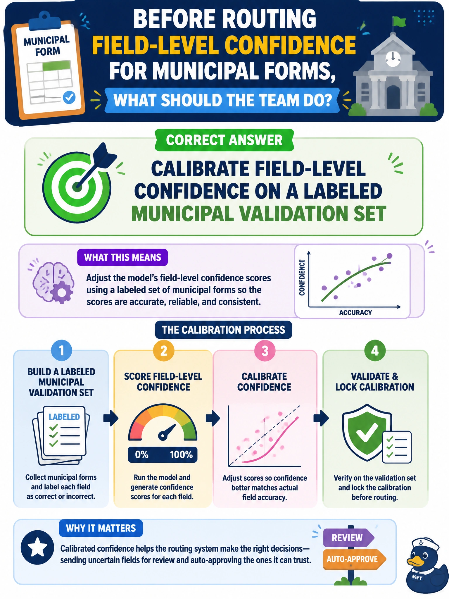 To Create an exciting colorful infographic that explains the concepts in the question: Question: Before routing field-level confidence for municipal forms, what should the team do? Correct Answer: Calibrate field-level confidence on a labeled municipal validation set Put EVERY visible label in double quotes. No people. No A/B/C/D letters. In one of the four corners put a little "Navy Duck".