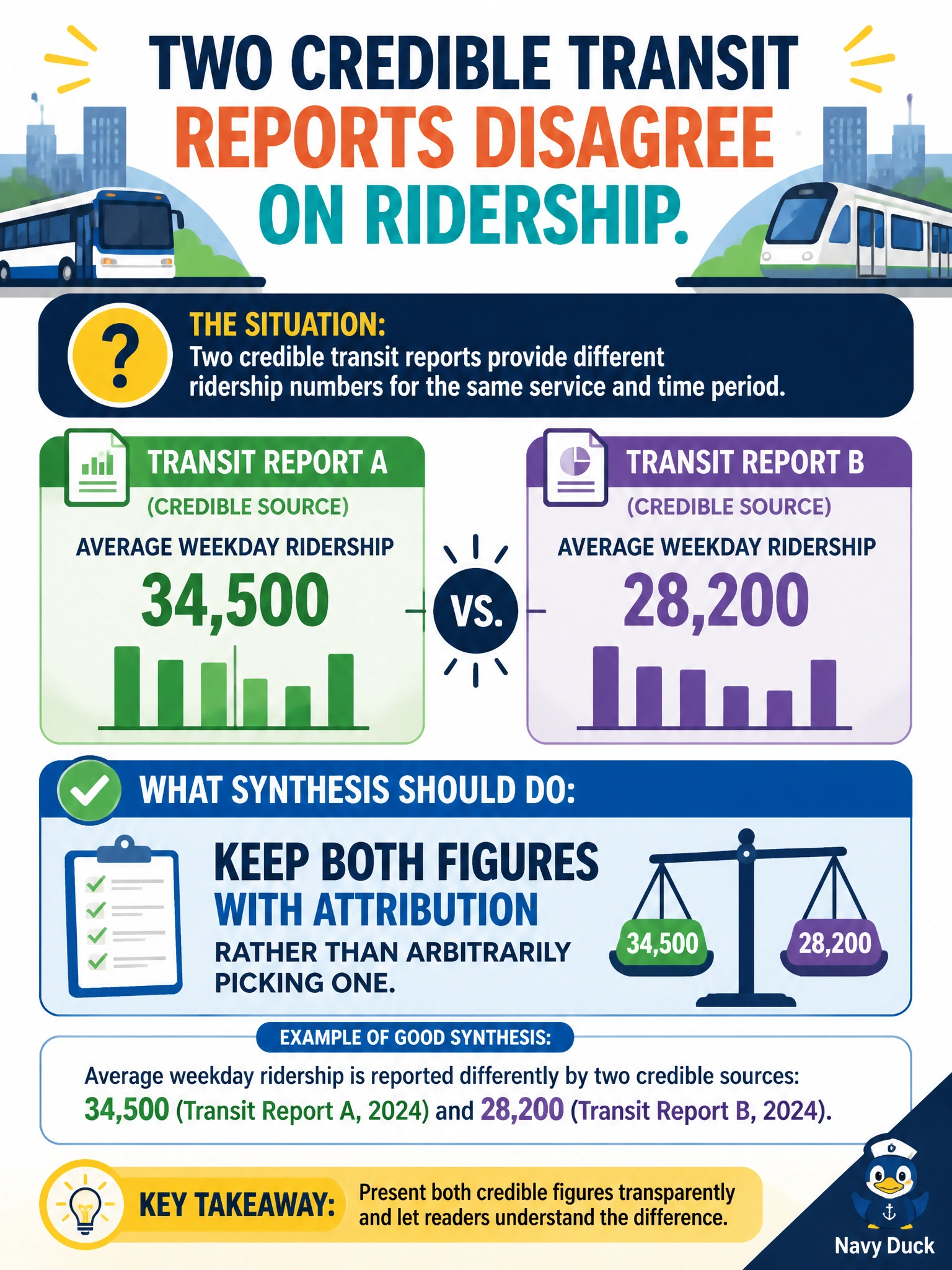 To Create an exciting colorful infographic that explains the concepts in the question: Question: Two credible transit reports disagree on ridership. What should synthesis do? Correct Answer: Keep both figures with attribution rather than arbitrarily picking one Put EVERY visible label in double quotes. No people. No A/B/C/D letters. In one of the four corners put a little "Navy Duck".