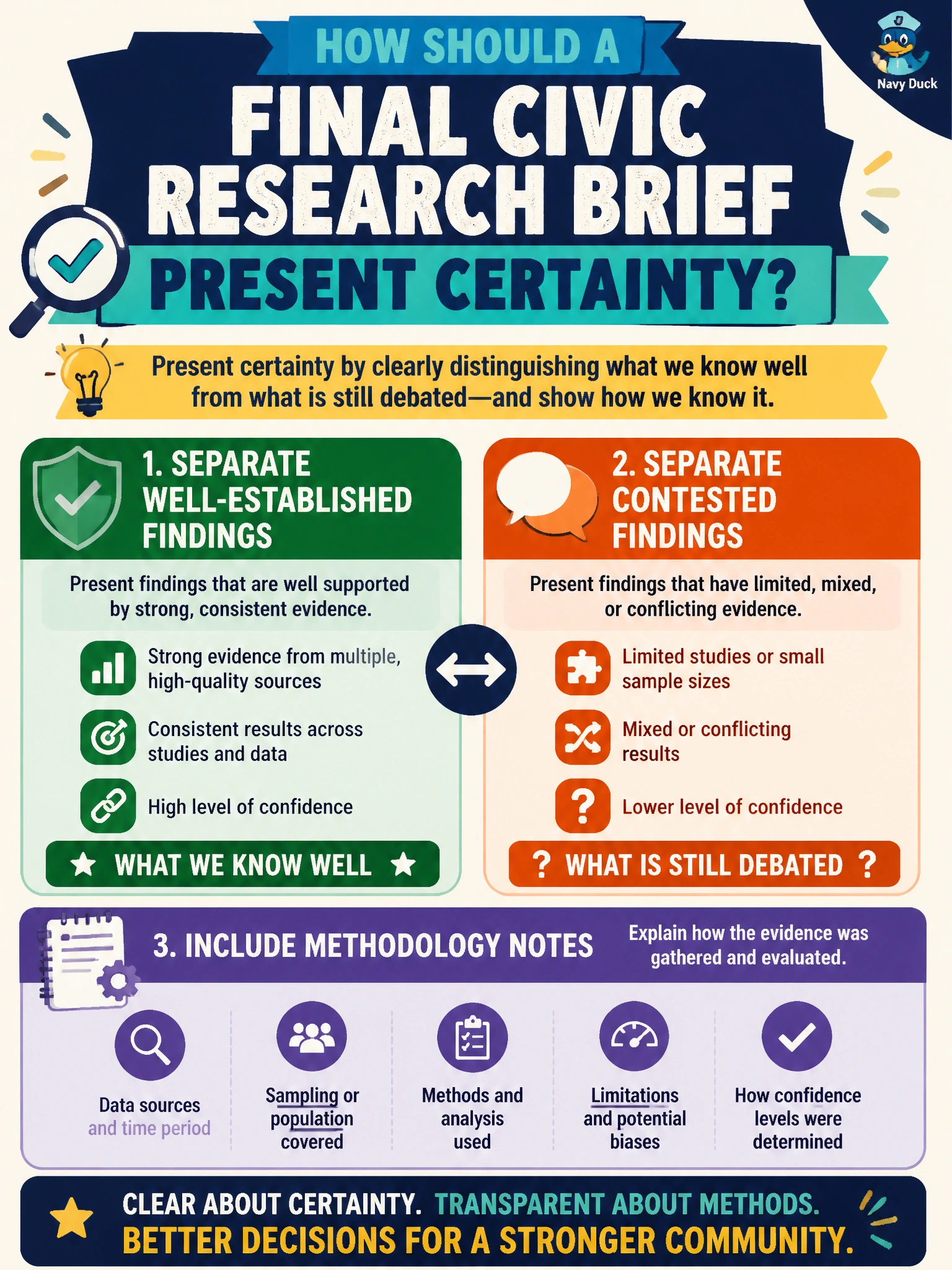 To Create an exciting colorful infographic that explains the concepts in the question: Question: How should a final civic research brief present certainty? Correct Answer: Separate well-established findings from contested ones and include methodology notes Put EVERY visible label in double quotes. No people. No A/B/C/D letters. In one of the four corners put a little "Navy Duck".