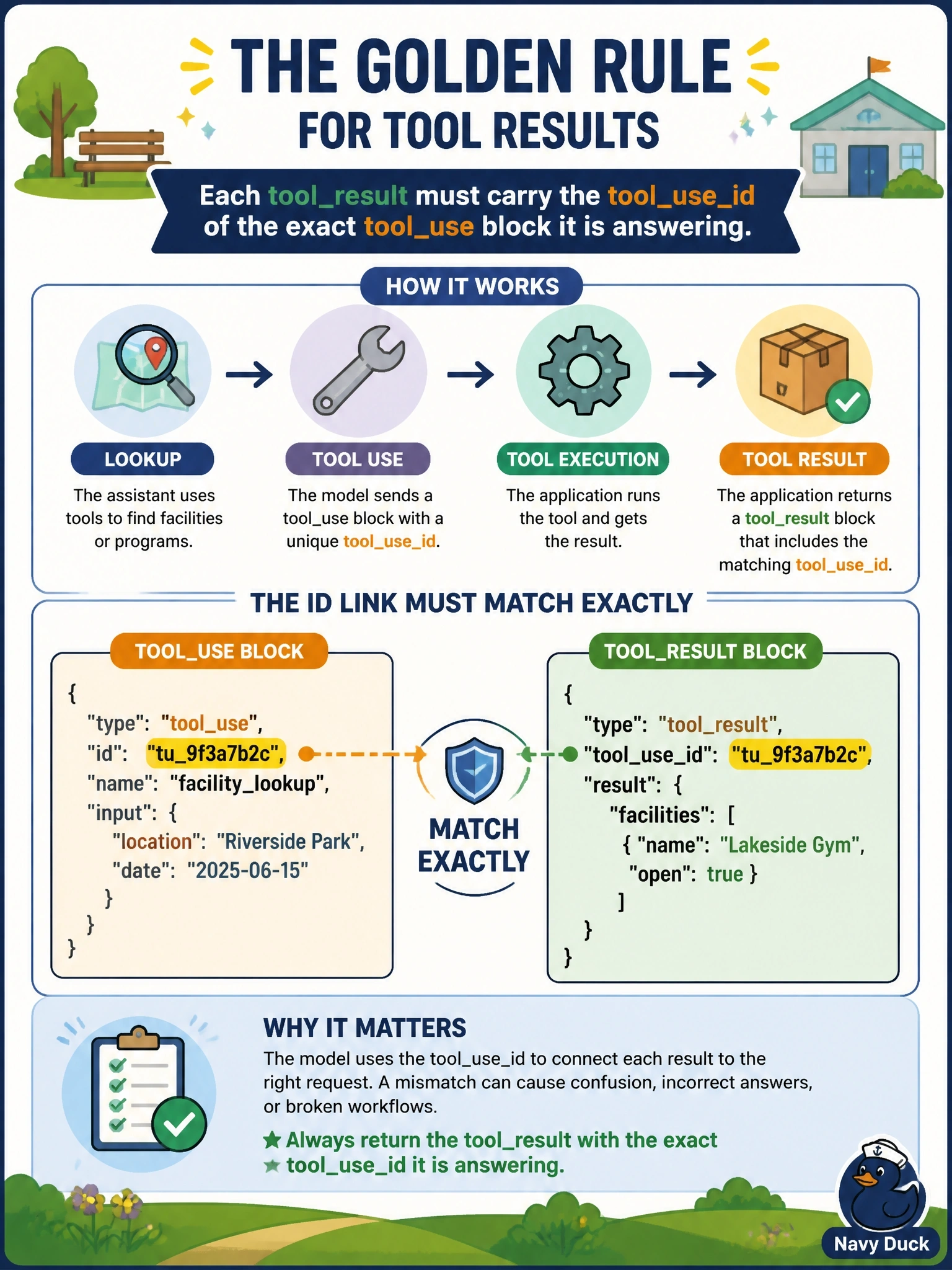 To Create an exciting colorful infographic that explains the concepts in the question: Question: A parks and recreation assistant defines client-side tools for facility lookup and program registration. When the application returns tool output to the model, what must each toolresult block carry? Correct Answer: Each toolresult must carry the tooluseid of the exact tooluse block it is answering. Put EVERY visible label in double quotes. No people. No A/B/C/D letters. In one of the four corners put a little "Navy Duck".
