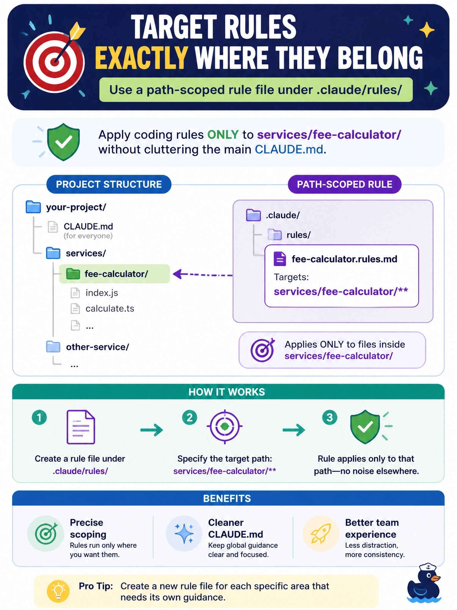 To Create an exciting colorful infographic that explains the concepts in the question: Question: A permitting engineering team wants a coding rule that applies only to files under services/fee-calculator/ without cluttering the main CLAUDE.md that every contributor reads. What is the appropriate mechanism? Correct Answer: Add a path-scoped rule file under .claude/rules/ that targets the services/fee-calculator/ path Put EVERY visible label in double quotes. No people. No A/B/C/D letters. In one of the four corners put a little "Navy Duck".